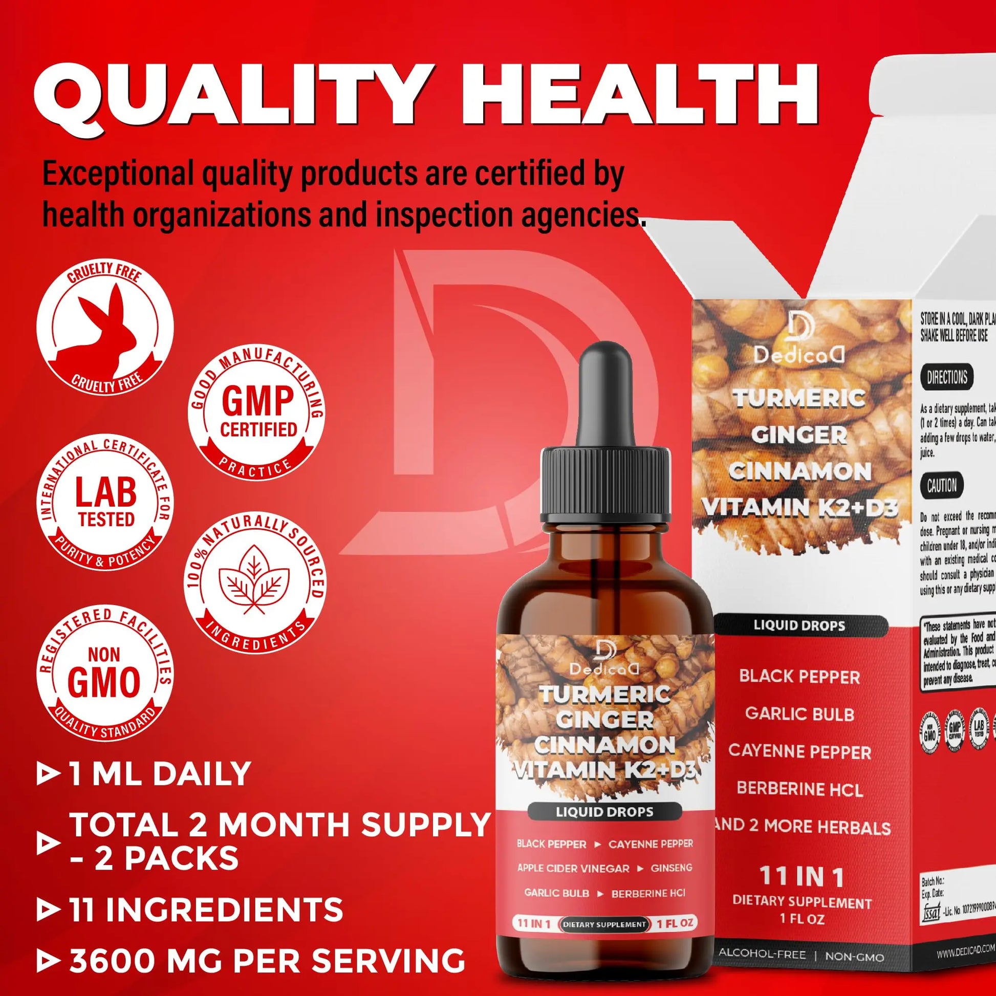 11in1 Turmeric Supplement for Health Heart & Wellness Support – with Ginger, Garlic, Ceylon Cinnamon, Berberine, Ginseng, Apple Cider Vinegar – 30ml Liquid Drops – 60 Servings DEDICAD buy supplements canada
