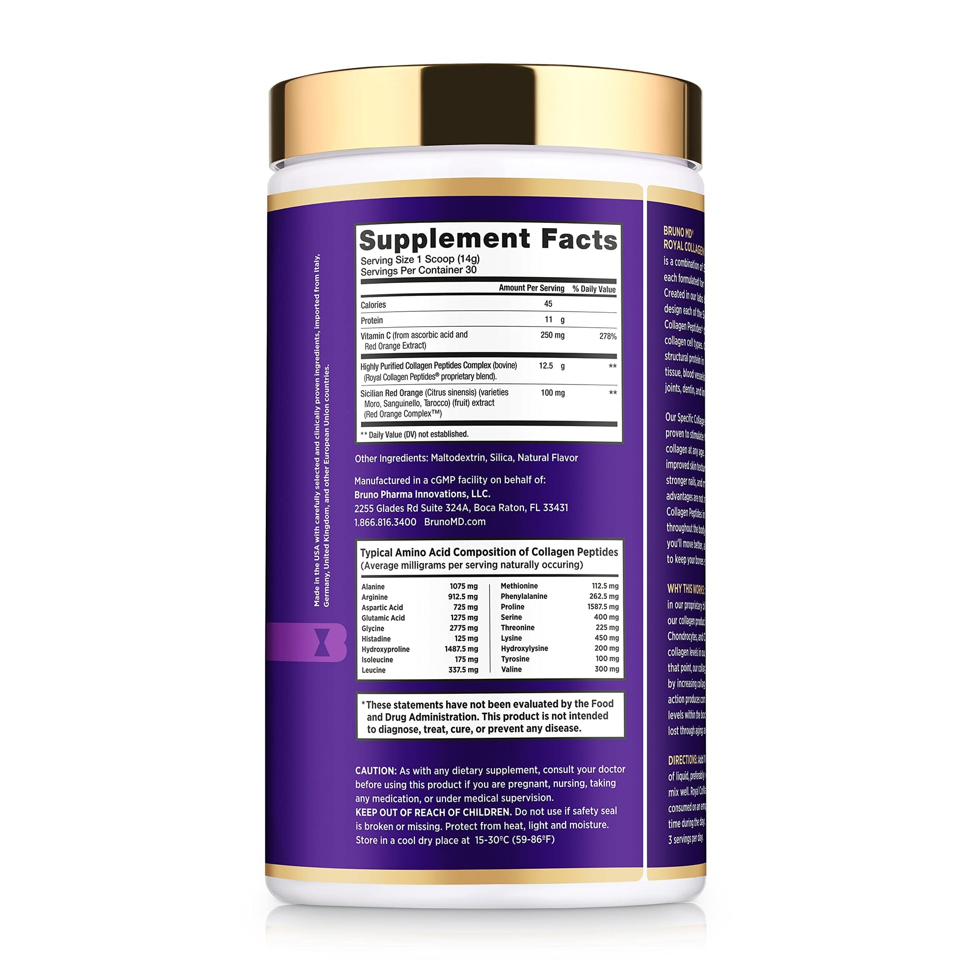 Bruno MD Royal Collagen Peptides, Clinically proven, Dietary Supplement, Improves Skin & Cellulite, European Sourced, Improves the Look of Hair & Nails, Blended with Vitamin C, Bone & Joint Supplement BRUNO MD buy supplements canada