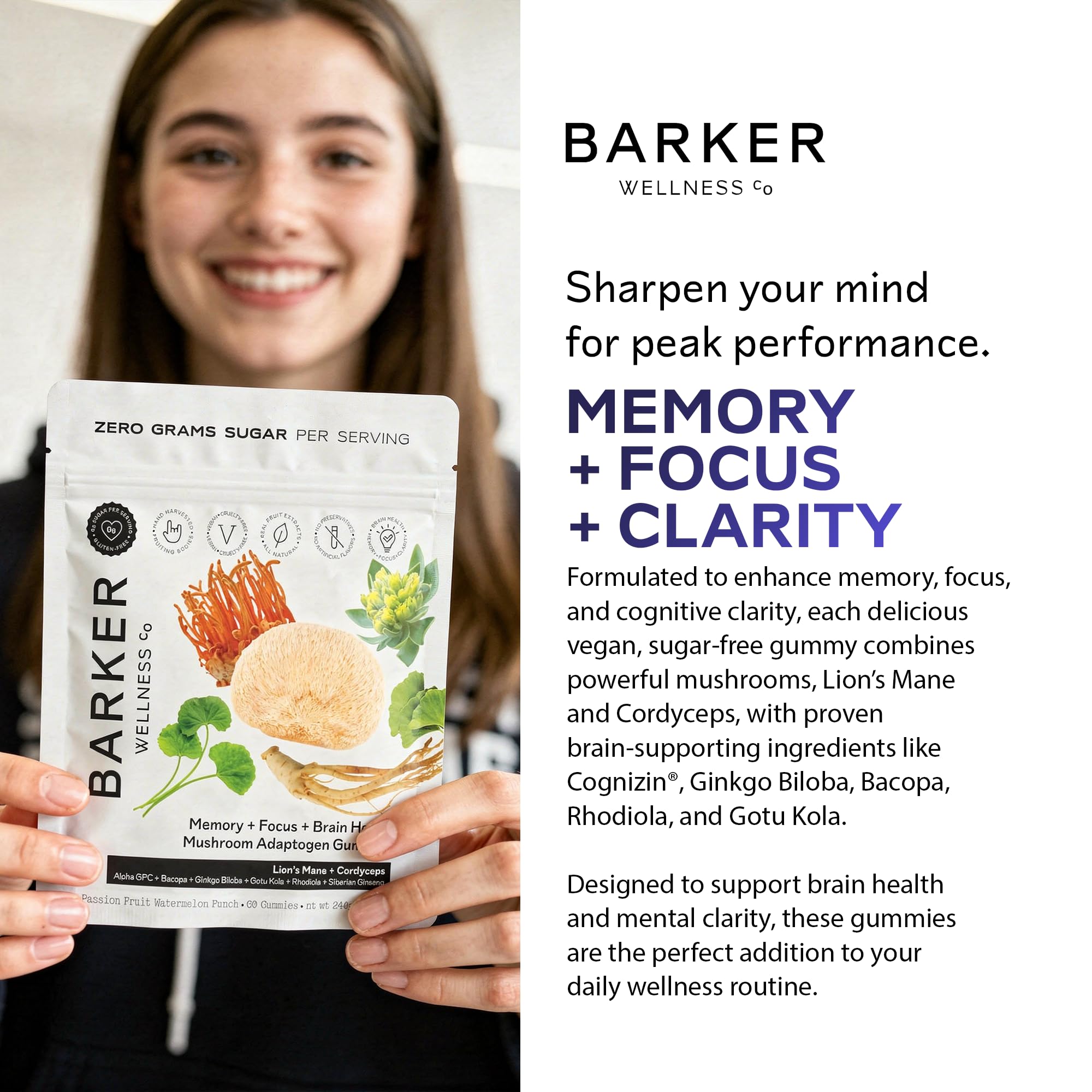 Barker Wellness Mushroom Adaptogen Gummies for Memory & Focus, Brain Health Supplement with Lion's Mane, Cordyceps, Cognizin, Vegan, Sugar-Free Passion Fruit Watermelon Flavor- 60 Count Barker Wellness Co buy supplements canada