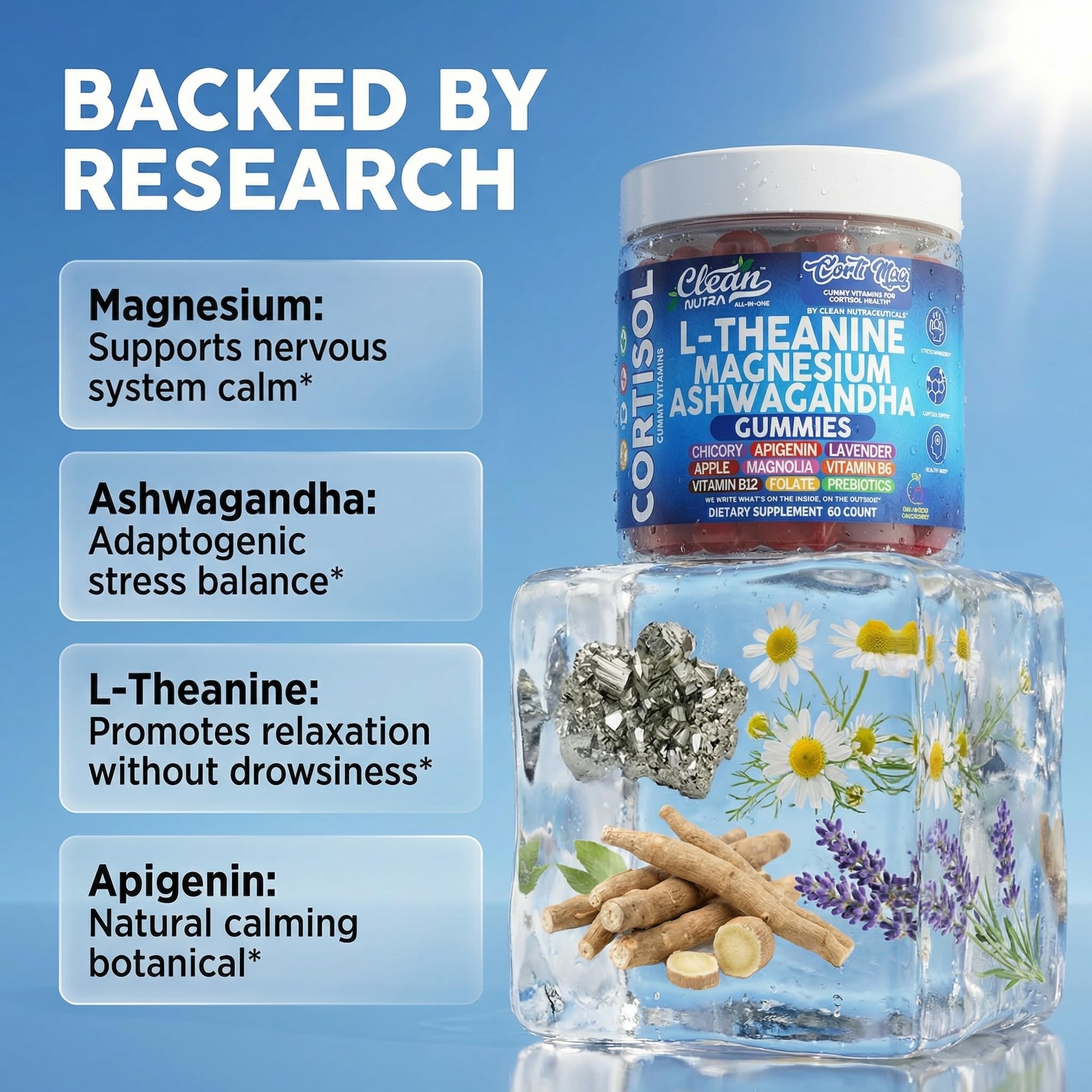 Clean Nutra Cortisol Supplement Gummies L-Theanine Magnesium Ashwagandha Apigenin Vitamin B6 Sleep and Calm Support Lavender Chicory Prebiotic Advanced Gummy Formula Clean Nutraceuticals buy supplements canada