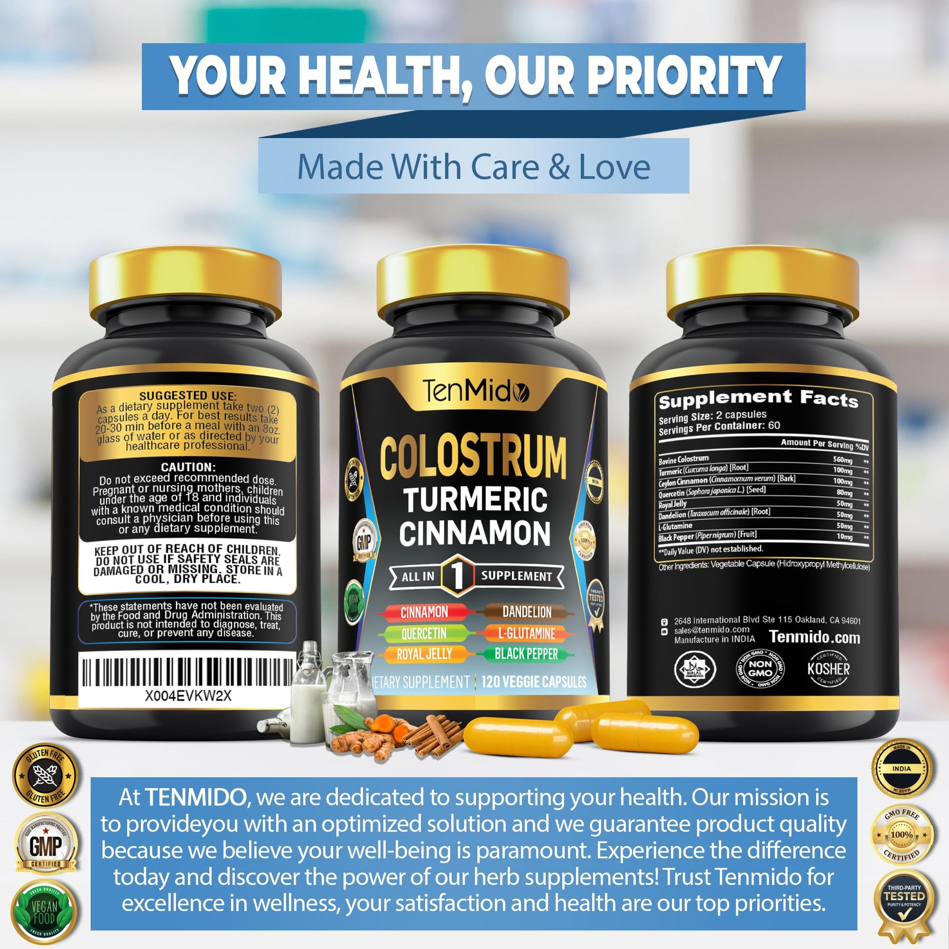Tenmido Colostrum Supplement - 8in1 Formula - Combine with Turmeric, Ceylon Cinnamon, Quercetin, Royal Jelly, Dandelion, L- Glutamine, and Black Pepper - Digestive Health Support - 120 Capsules Tenmido buy supplements canada