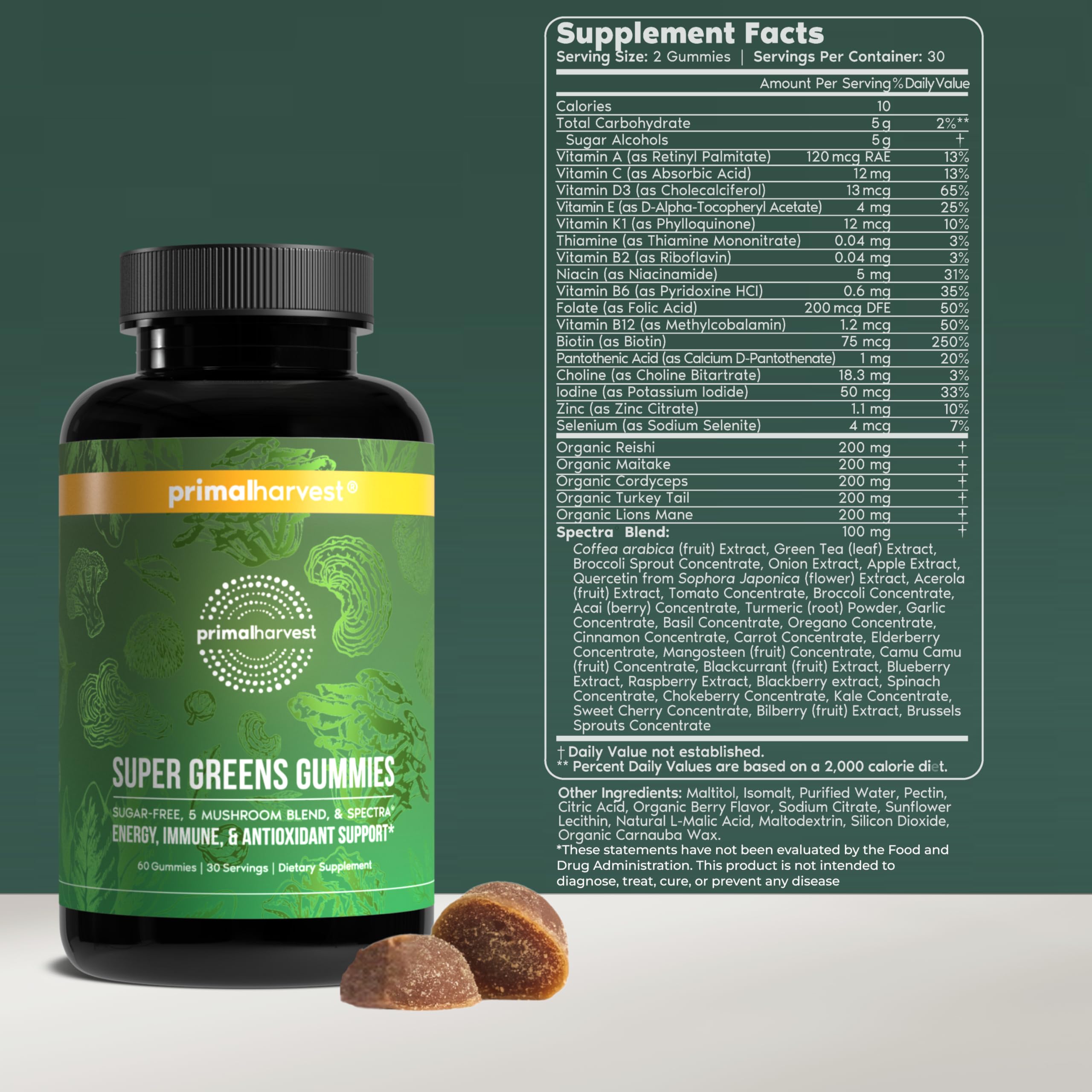 Primal Harvest Super Greens Gummies, Superfood Blend with Adaptogenic Mushrooms Vitamins & Nutrient-Rich Minerals & Antioxidants for Energy & Immune Support 1 Pack 60 Count, Primal Harvest buy supplements canada