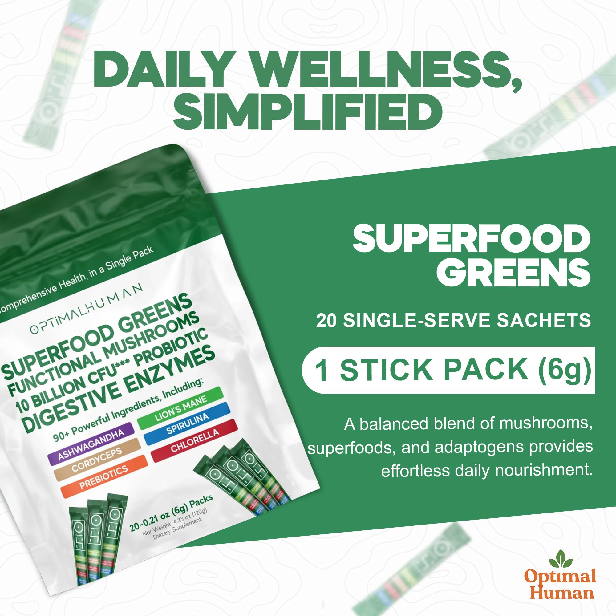 Optimal Human Superfood Greens Powder – 90+ Ingredient Blend with Lion’s Mane Supplement, Ashwagandha & Turmeric – Non-GMO, Soy-Free, Mushroom Supplements for Women – 20 Sachets O H buy supplements canada