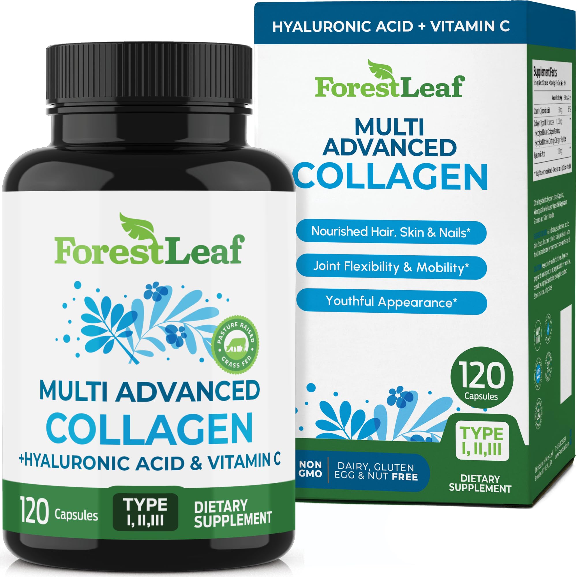 ForestLeaf Multi Collagen Pills with Hyaluronic Acid + Vitamin C | Hydrolyzed Collagen Supplements for Women or Men | Multi Collagen Capsules Peptides for Skin, Wrinkles, 120 Caps ForestLeaf buy supplements canada