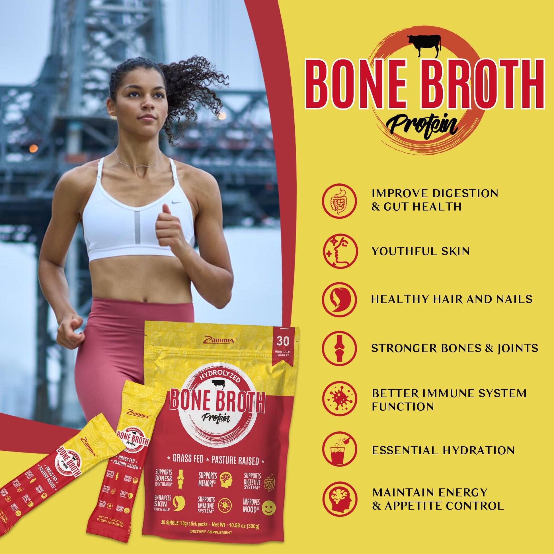 Zammex Bone Broth Packets-20g Collagen Protein-Beef Bone Broth Powder to Go-30 Travel Zammex buy supplements canada