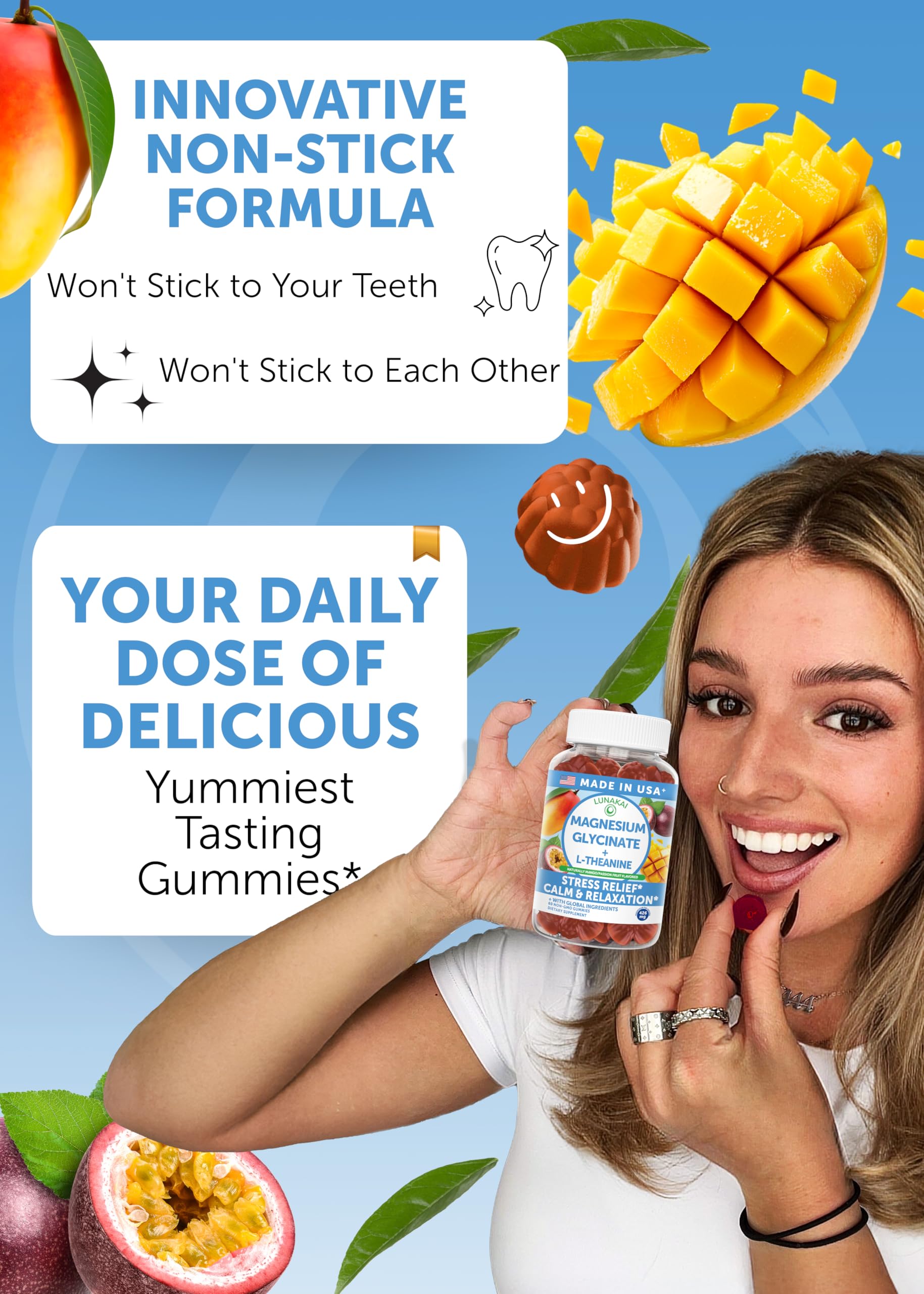 Lunakai USA Made Magnesium Glycinate Gummies with L-Theanine for Kids & Adults – 420mg Magnesium Supplement for Calm