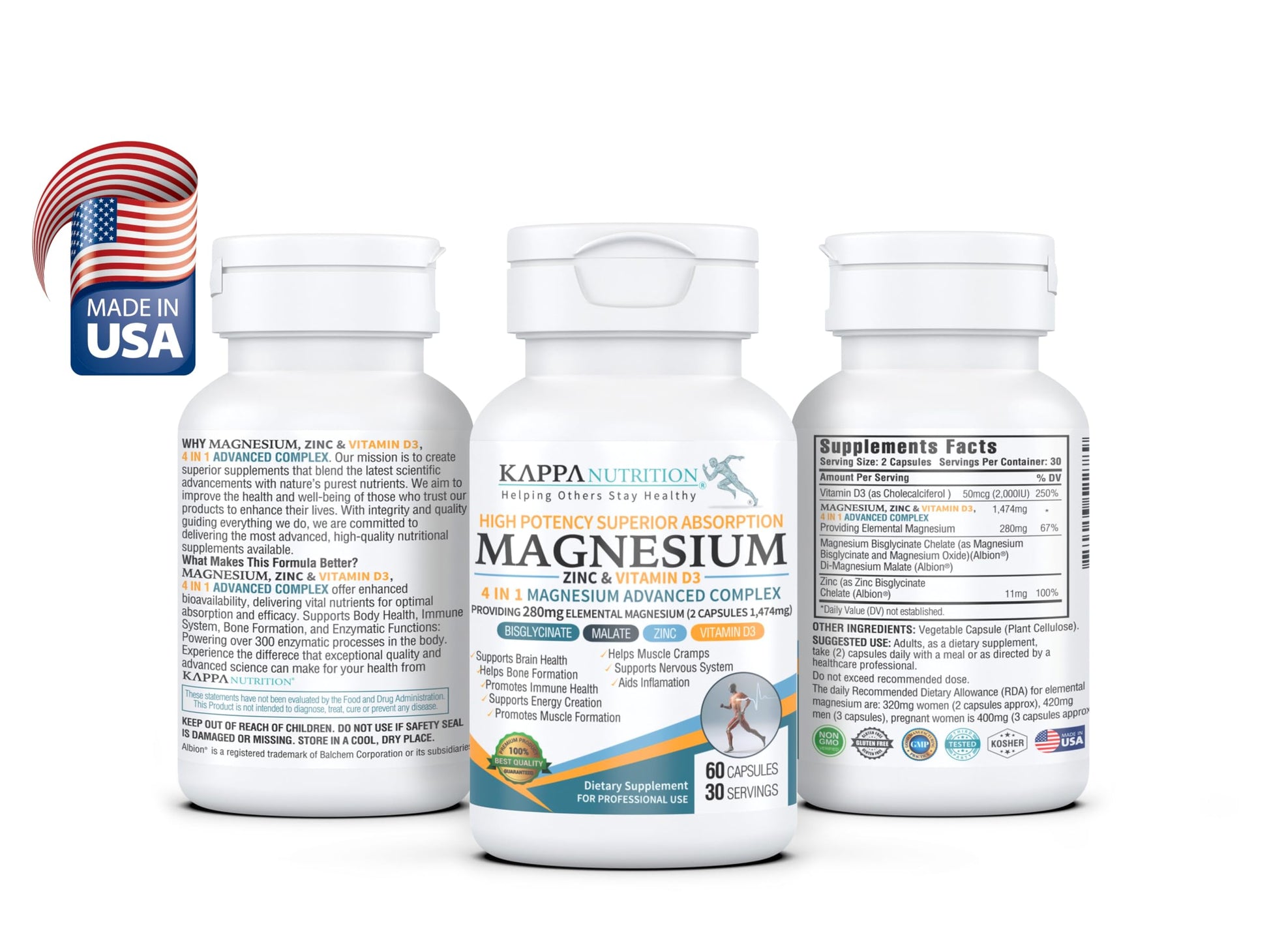 Kappa Nutrition Magnesium 4-in-1, 280mg Elemental Magnesium (Bisglycinate, Malate) + Zinc & Vitamin D3, Brain, Sleep, Energy, Muscle, Immune Support, 60 Vegan Capsules. KAPPA NUTRITION buy supplements canada