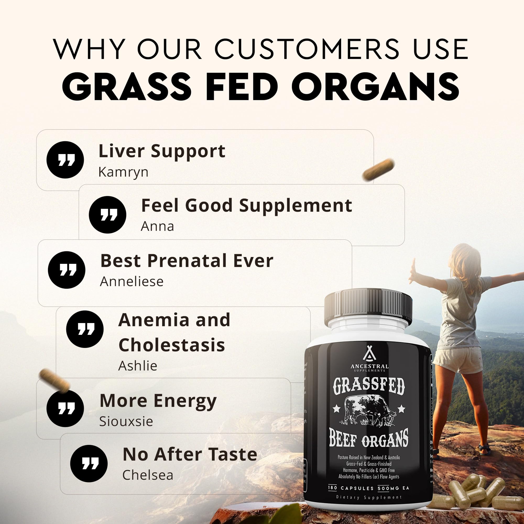 Ancestral Supplements Grass Fed Beef Organ Supplement, Supports Whole Body Wellness with Proprietary Blend of Liver, Heart, Kidney, Pancreas, Spleen, Freeze-Dried Beef, Non-GMO, 180 Capsules Ancestral Supplements buy supplements canada