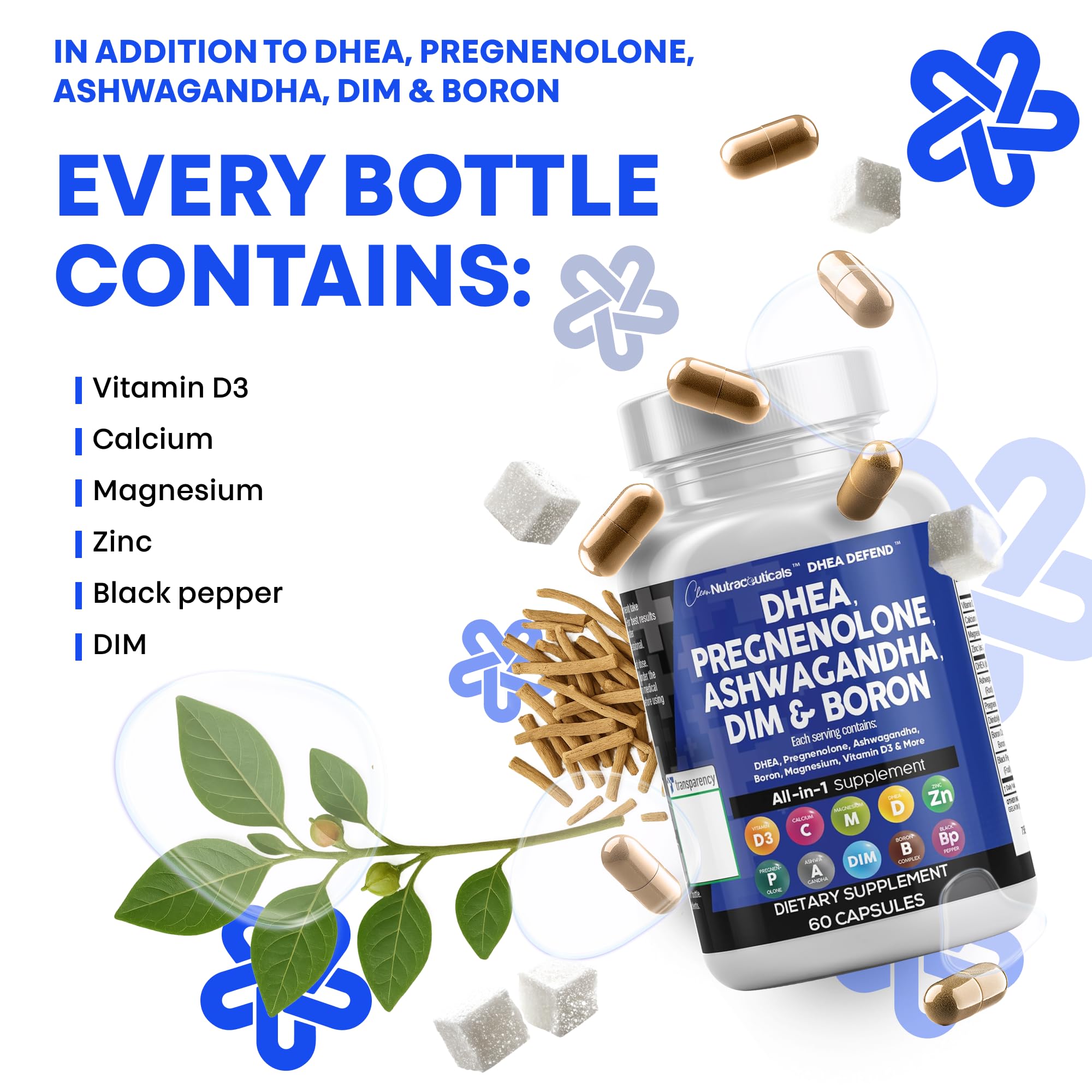 DHEA 200mg Supplement Pregnenolone 100mg for Men & Women with DIM Ashwagandha Boron 6mg Complex Calcium Magnesium Zinc 50mg Vitamin D3 5000 iu Hormone Support Capsules Pills - Made in USA 60 Ct Clean Nutraceuticals buy supplements canada