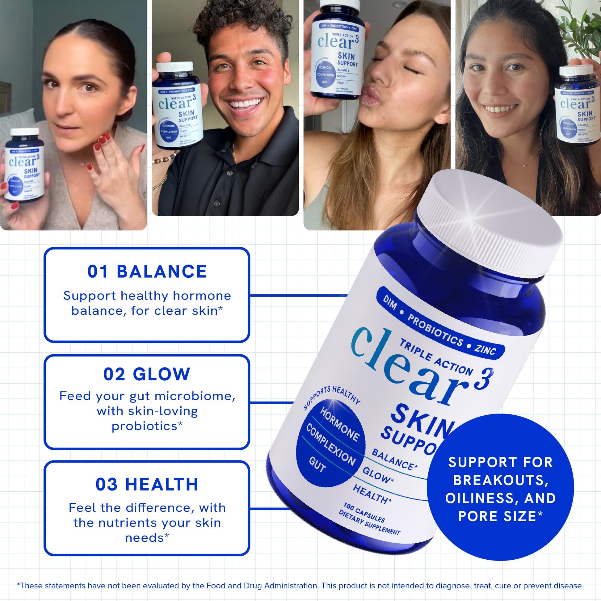 Clear Skin Supplement with Zinc, DIM & Probiotics | 3-in-1 Balance, Glow & Health Skin Support | Triple Action Hyaluronic Acid, Niaciminide & Vitamins for Hormone, Complexion & Gut Support | 180 Ct SMNutrition buy supplements canada