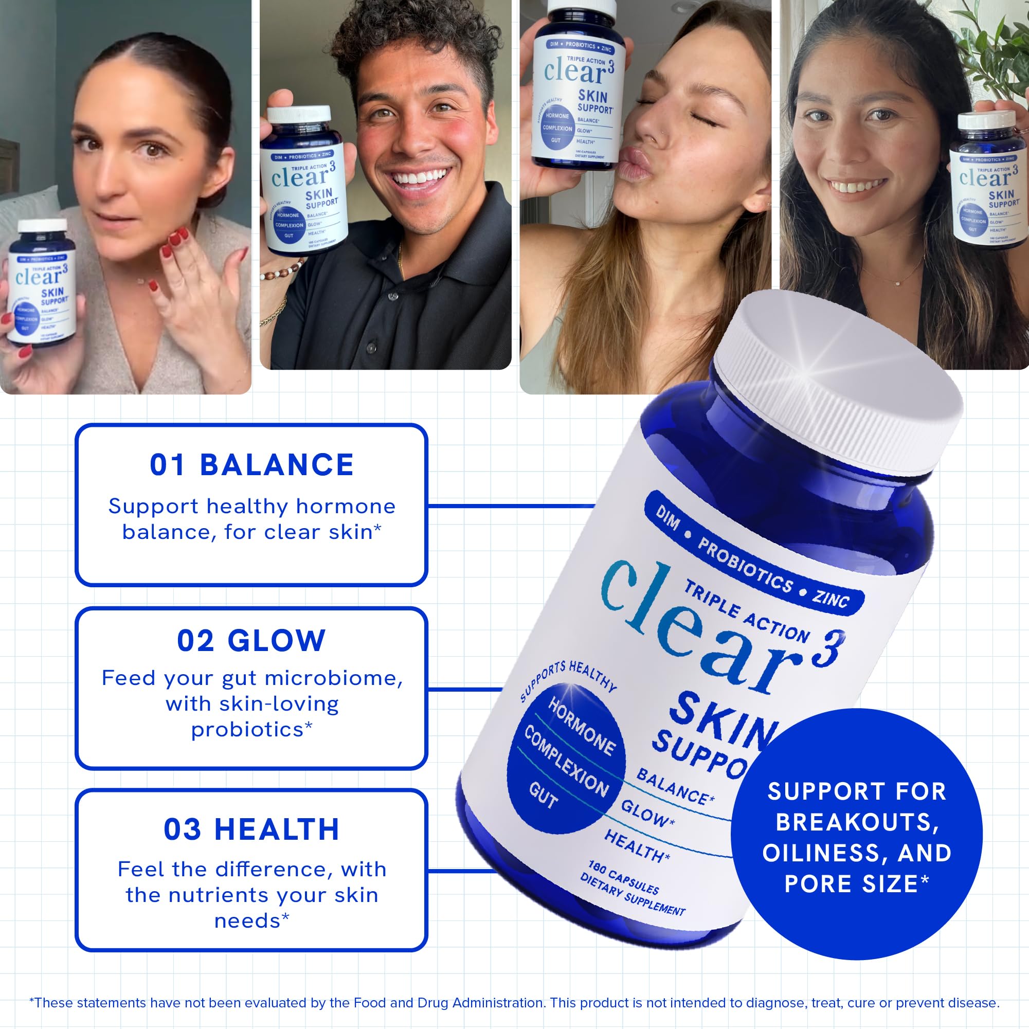 Clear Skin Supplement with Zinc, DIM & Probiotics | 3-in-1 Balance, Glow & Health Skin Support | Triple Action Hyaluronic Acid, Niaciminide & Vitamins for Hormone, Complexion & Gut Support | 180 Ct SMNutrition buy supplements canada