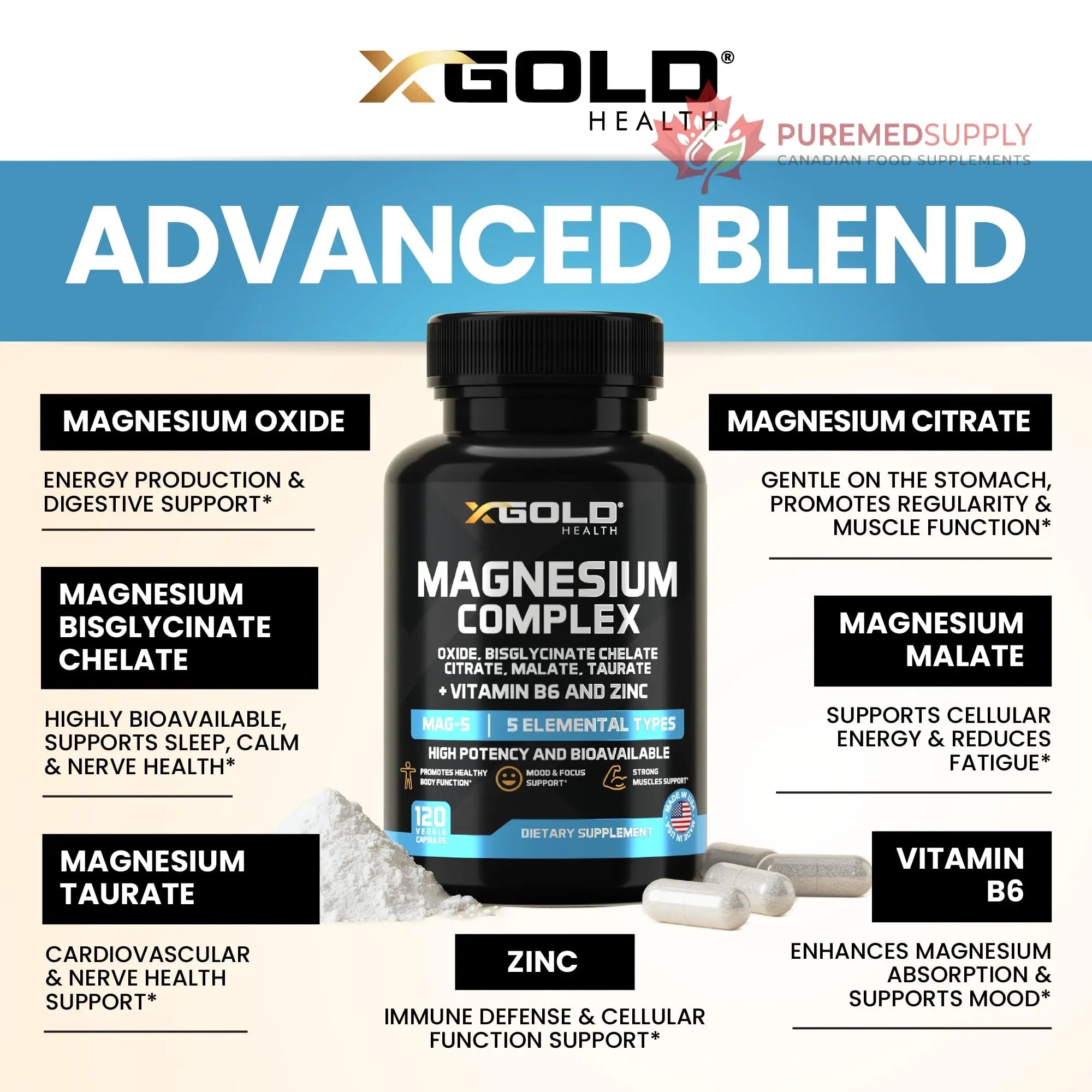 X Gold Health Magnesium Complex 5-in-1 with Zinc & B6 High Absorption Capsules (Glycinate, Citrate, Malate, Taurate, Oxide) Muscle Recovery, Energy, Sleep Support & Immune Health 500mg Made in USA X Gold Health buy supplements canada