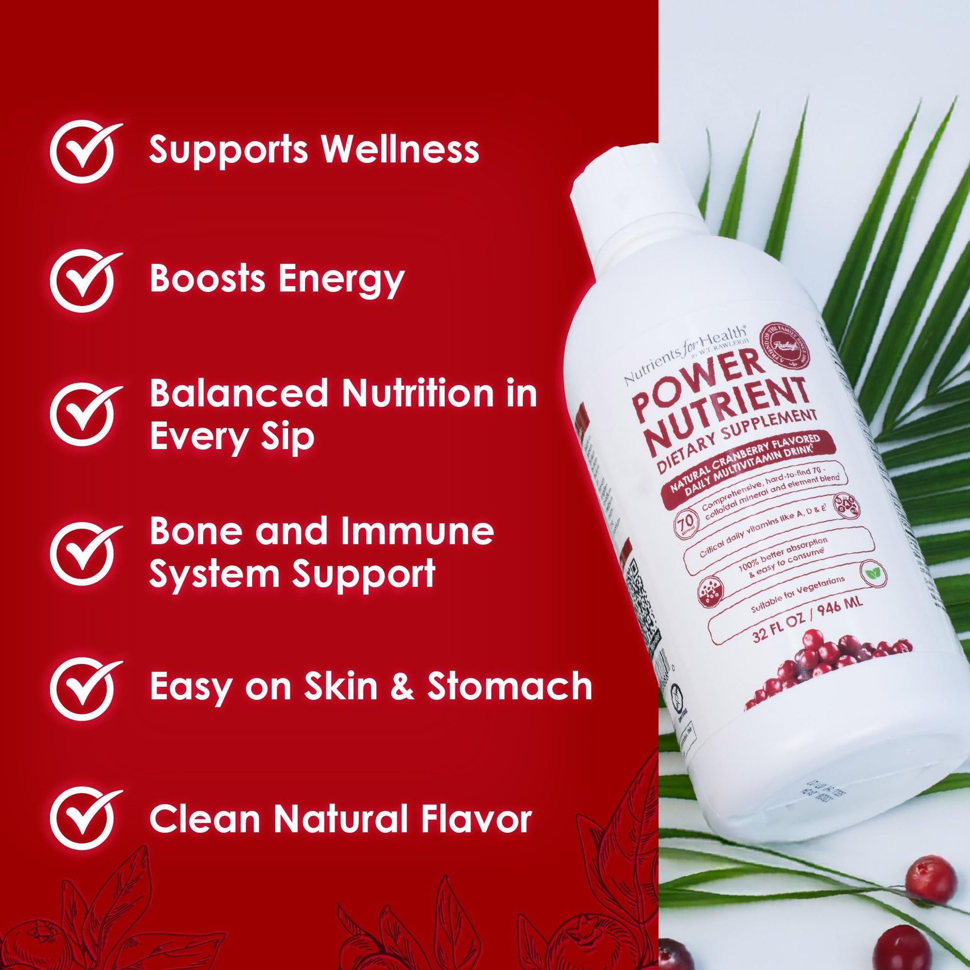 Rawleigh Power Nutrient: 32 fl oz for 1 Month - Cranberry Flavor, Daily Multivitamin Liquid Supplement for Men, Women with VIT. A - zinc & 70 Colloidal Trace Minerals, Vegetarian-Friendly, GMO Free Rawleigh buy supplements canada