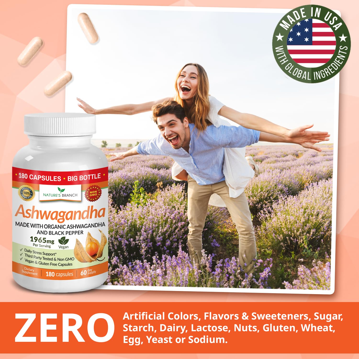 UDAF Certified Organic Ashwagandha with Black Pepper, 1965mg - Extra Strength for Stress, Sleep, Mood, Thyroid, Energy, Hair, Vegan Pure Root Extract Powder Supplement for Men and Women | 180 Capsules NATURE'S BRANCH buy supplements canada