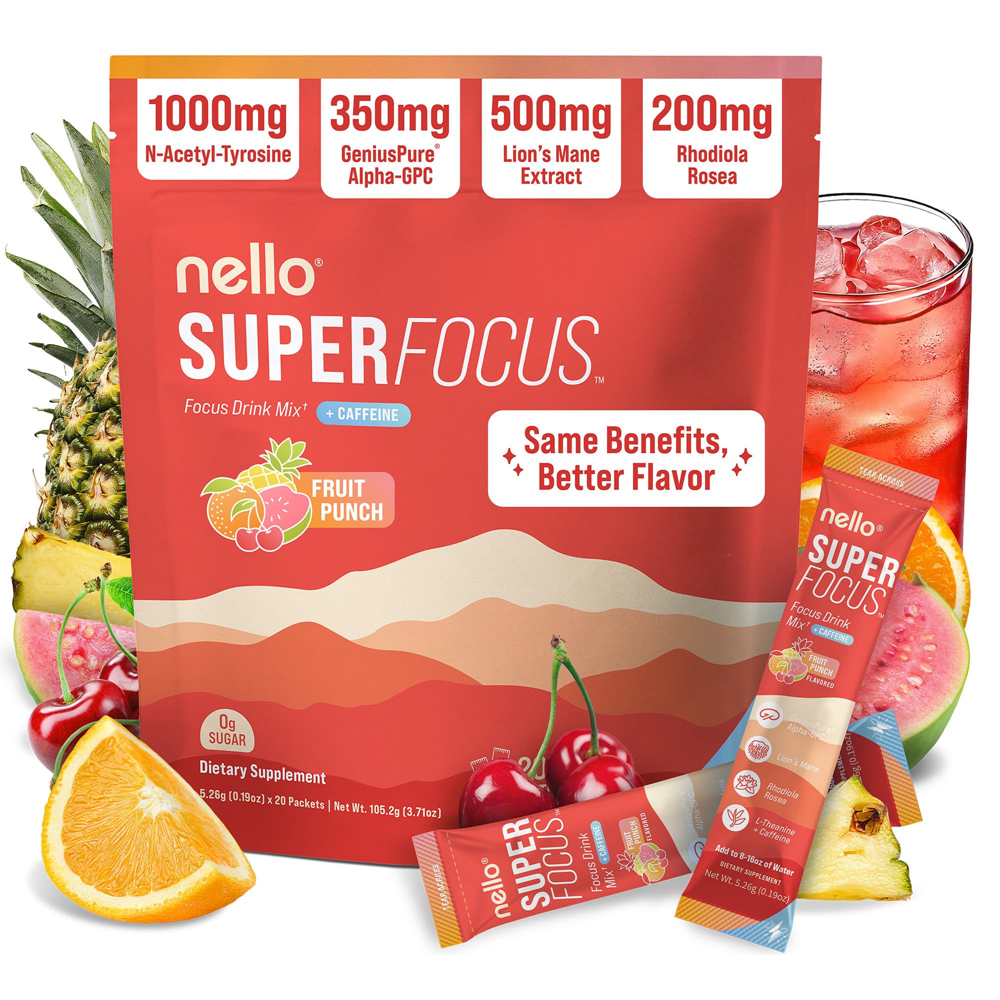 Nello Superfocus – Nootropic Focus Drink Mix for Productivity, Caffeine, L-Theanine, Rhodiola Rosea, Alpha-GPC, Lion’s Mane, Tyrosine, Sugar-Free Packets - With Caffeine (Pack of 20) (20 Servings (Caffeine), Fruit Punch) Nello buy supplements canada