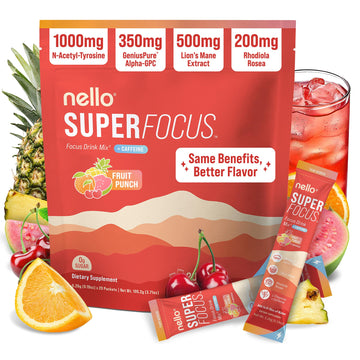 Nello Superfocus – Nootropic Focus Drink Mix for Productivity, Caffeine, L-Theanine, Rhodiola Rosea, Alpha-GPC, Lion’s Mane, Tyrosine, Sugar-Free Packets - With Caffeine (Pack of 20) (20 Servings (Caffeine), Fruit Punch) Nello buy supplements canada