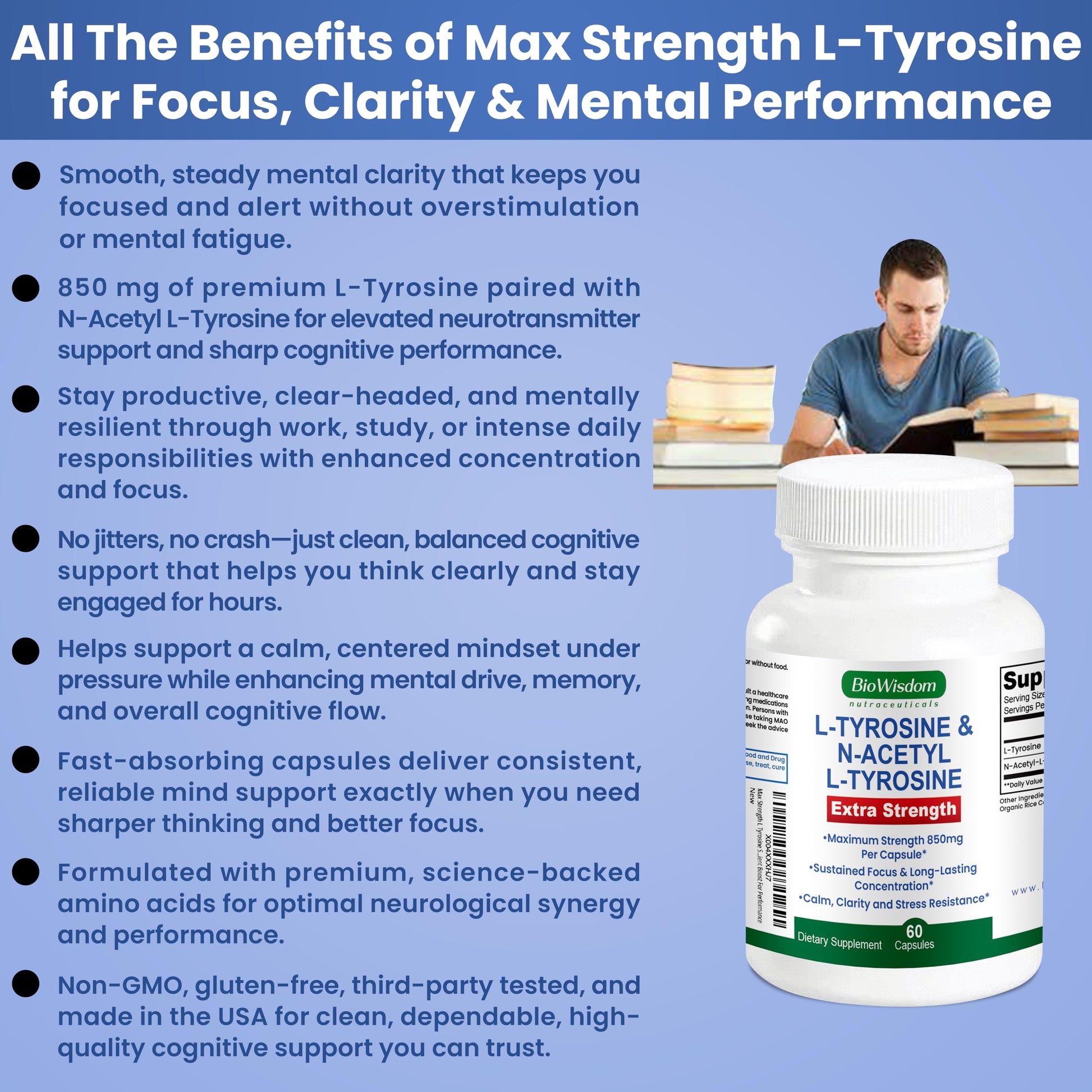 Max Strength L Tyrosine Supplement & N Acetyl L Tyrosine Peak Focus, Alertness, Concentration, Body & Mind Energy. L-Tyrosine 850mg Per 1 Capsule. A Well-Being Nutrient Boost For Performance BioWisdom Nutraceuticals buy supplements canada