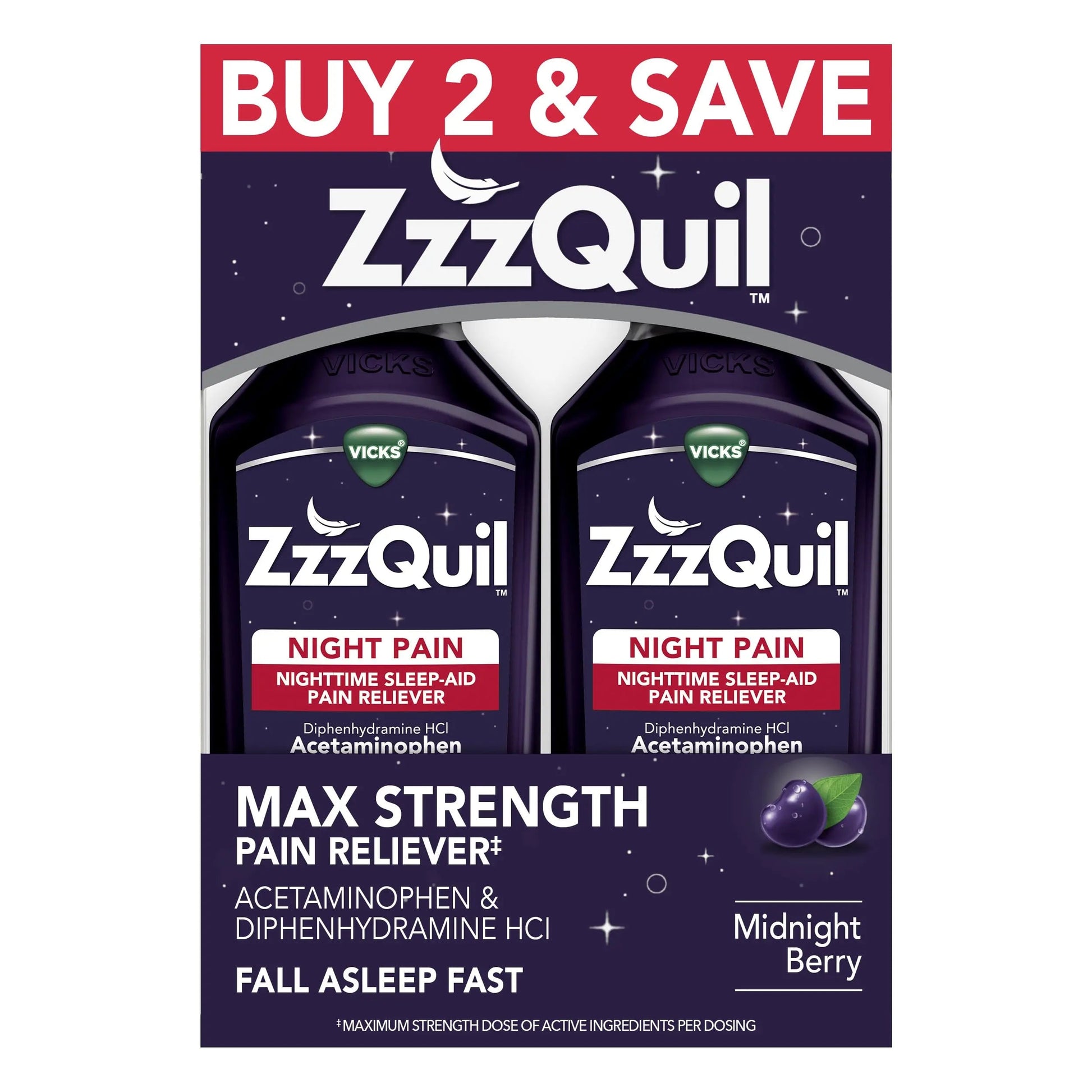 ZzzQuil Liquid, Max Strength Pain Reliever, Nighttime Sleep Aid Liquid, Acetaminophen 1000mg, Diphenhydramine 50mg HCI, Non-Habit Forming, Midnight Berry Flavored, 2 Pack, 24 FL OZ ZzzQuil buy supplements canada