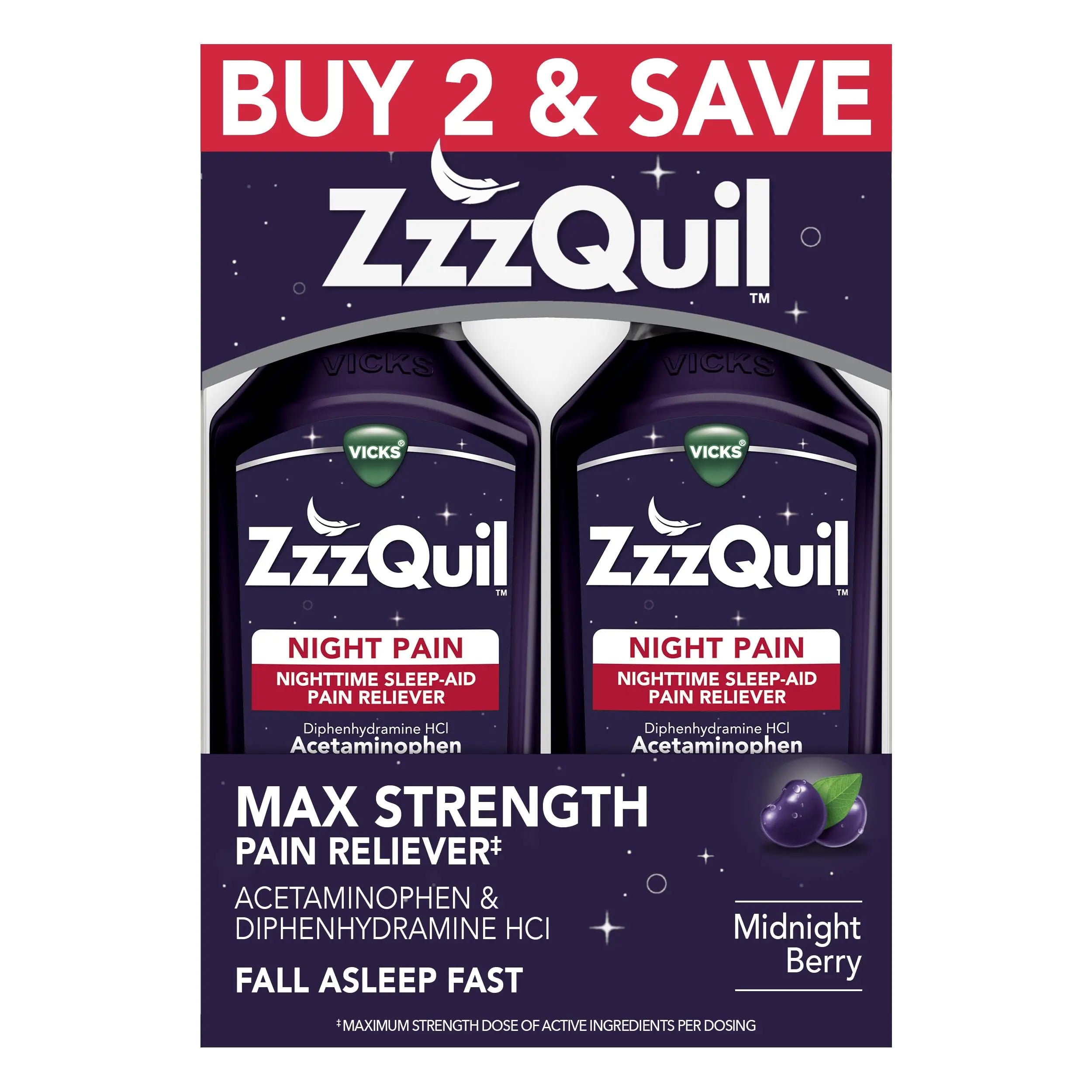 ZzzQuil Liquid, Max Strength Pain Reliever, Nighttime Sleep Aid Liquid, Acetaminophen 1000mg, Diphenhydramine 50mg HCI, Non-Habit Forming, Midnight Berry Flavored, 2 Pack, 24 FL OZ ZzzQuil buy supplements canada