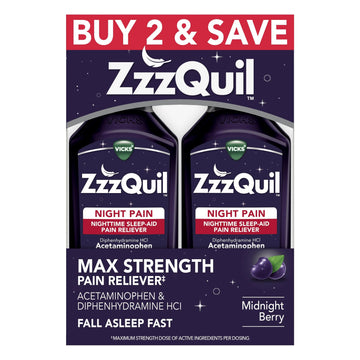 ZzzQuil Liquid, Max Strength Pain Reliever, Nighttime Sleep Aid Liquid, Acetaminophen 1000mg, Diphenhydramine 50mg HCI, Non-Habit Forming, Midnight Berry Flavored, 2 Pack, 24 FL OZ ZzzQuil buy supplements canada