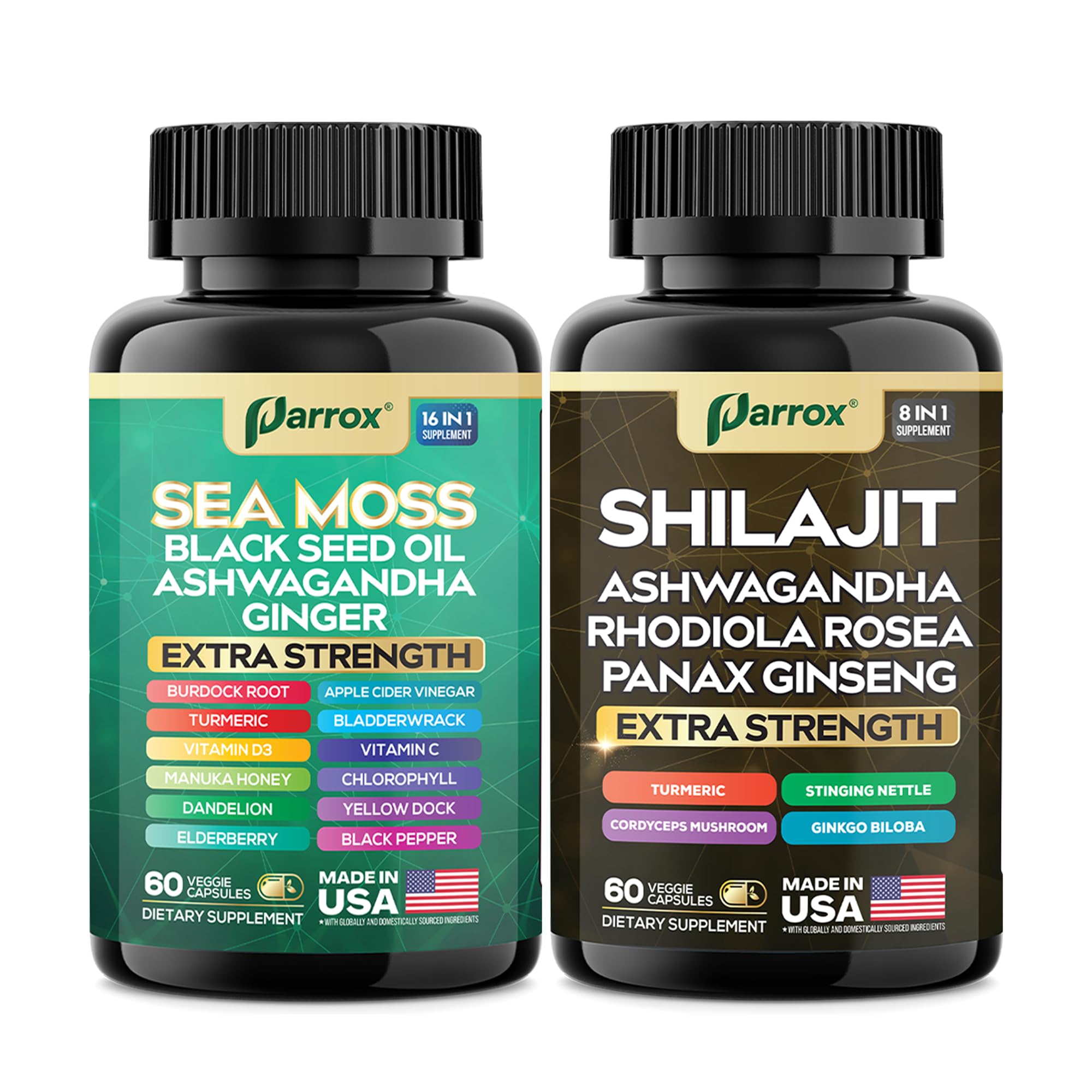 Parrox Shilajit and Sea Moss Bundle, Sea Moss 350mg, Black Seed Oil 200mg, Ashwagandha 100mg, Turmeric, Shilajit 300mg, Rhodiola Rosea 100mg, Panax Ginseng 50mg, Dynamic Vitality Bundle (2 Pack) Parrox buy supplements canada