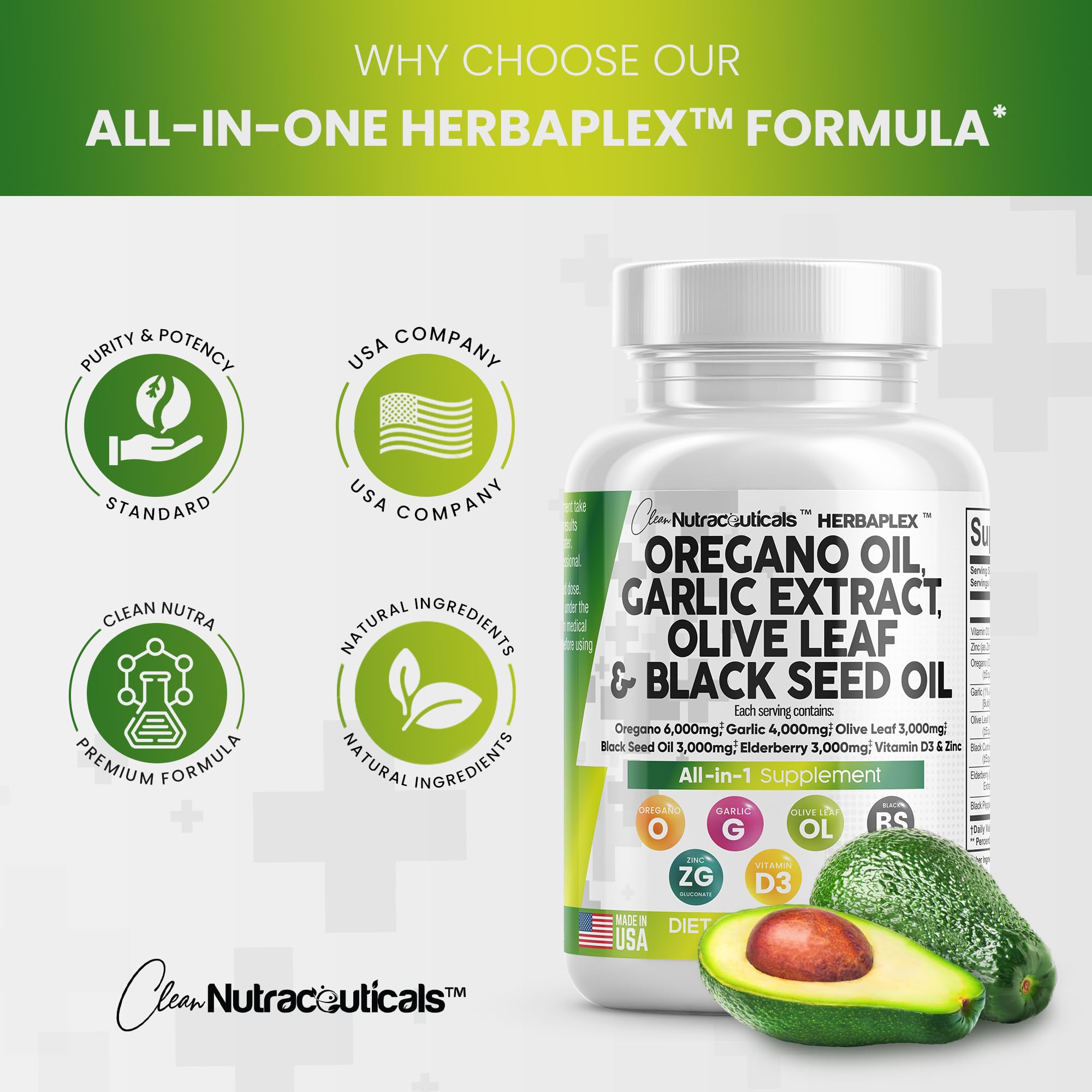 Oregano Oil 6000mg Garlic Extract 4000mg Olive Leaf 3000mg Black Seed Clean Nutraceuticals buy supplements canada