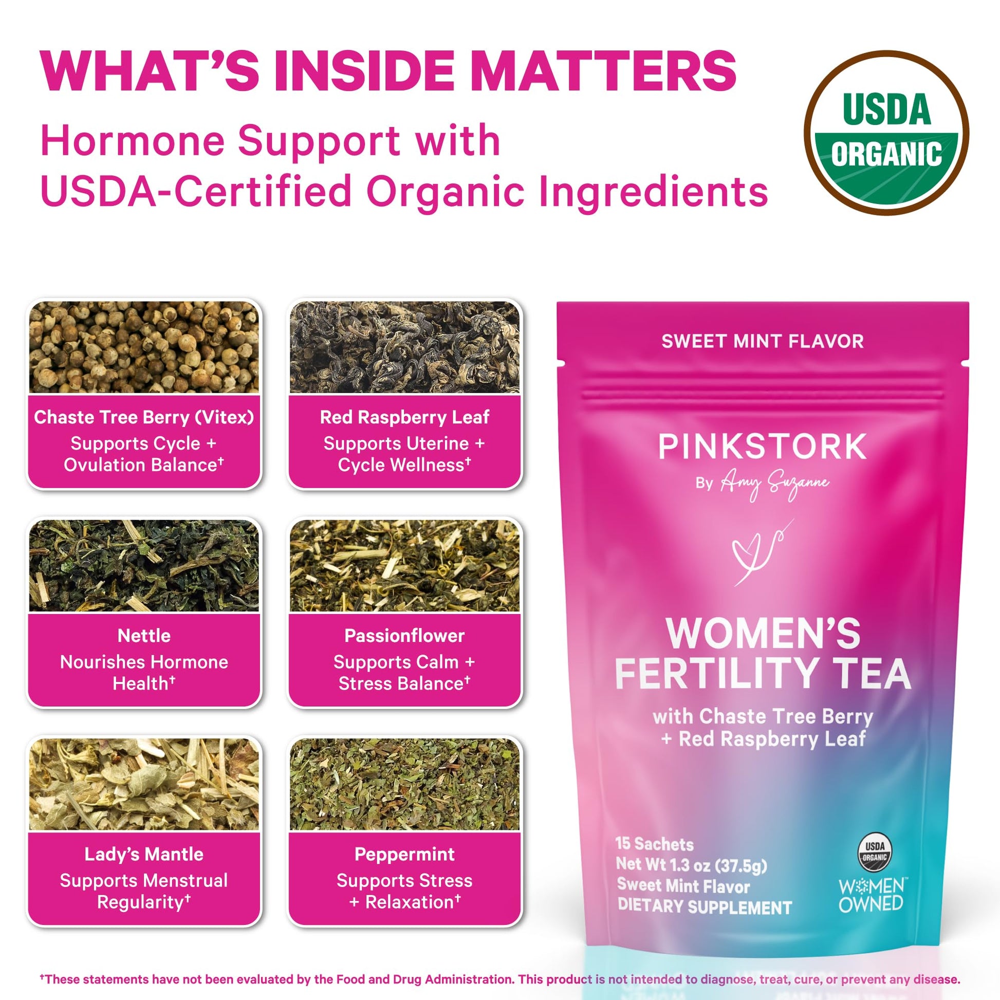Pink Stork Organic Fertility Tea for Women | Fertility Supplements for Women with Chaste Tree Berry (Vitex) + Red Raspberry Leaf | Hormone Balance Herbal Tea for Conception Support | USDA Organic, Caffeine Free - Sweet Mint, 15 Sachets Pink Stork buy supplements canada