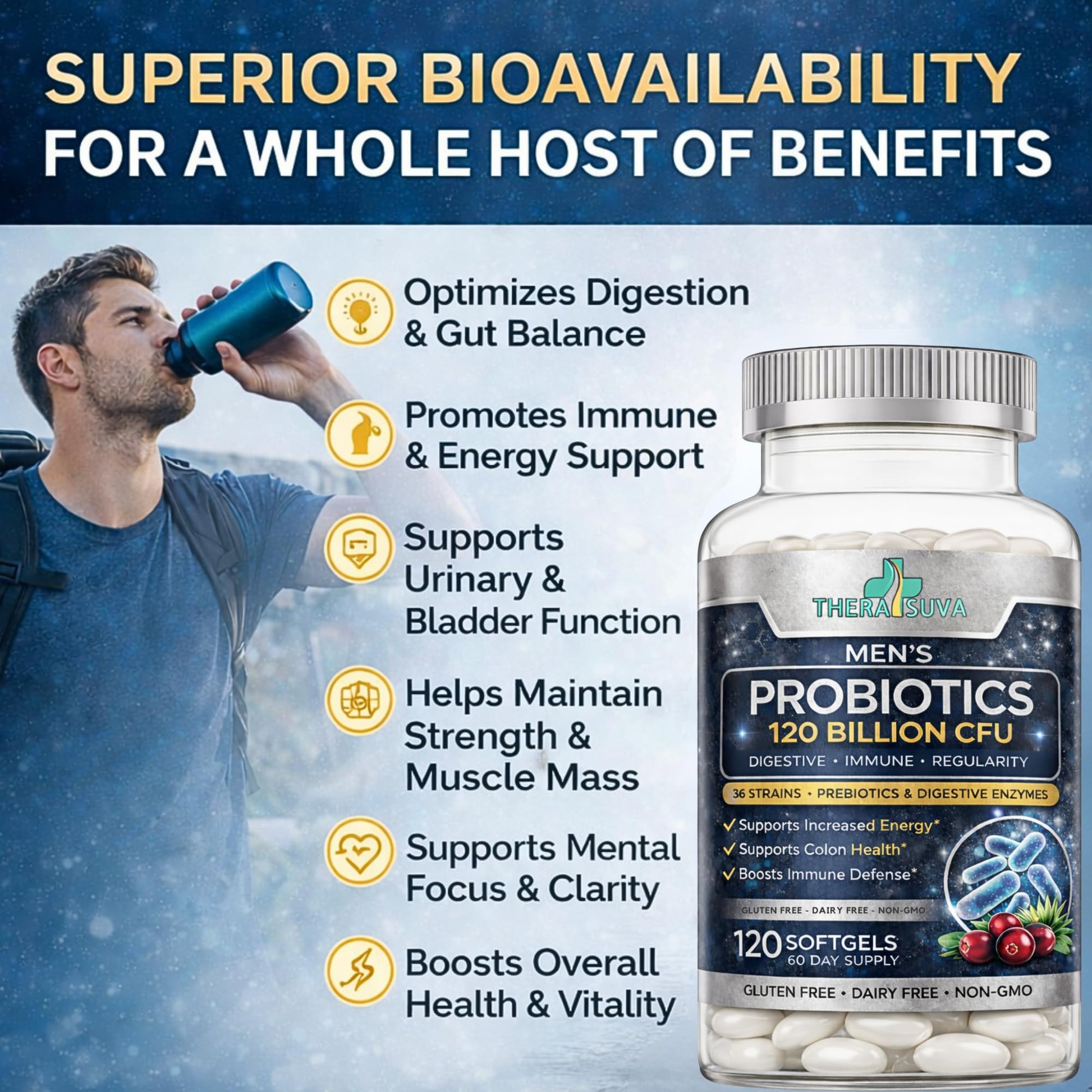 Men’s Advanced Probiotics 120 Billion CFU - 36 Strains + Prebiotics, Enzymes & Veggie Blend for Gut, Immune & Colon Health - 2 Month Supply, 120 Softgels TheraSuva buy supplements canada