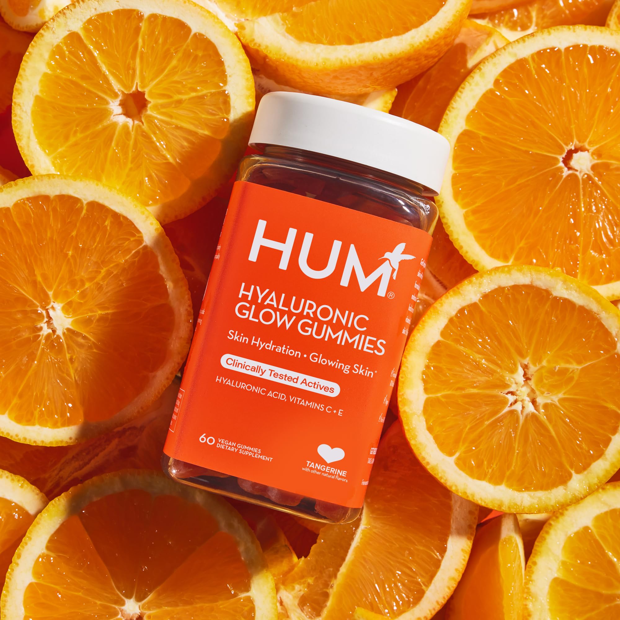 HUM Hyaluronic Glow Hydrating Skin Care Supplement, with Low Molecular Hyaluronic Acid, Vitamin C from Amla Fruit, and Vitamin E, Antioxidant Support for Skin Hydration, Tangerine, 60 Vegan Gummies HUM buy supplements canada