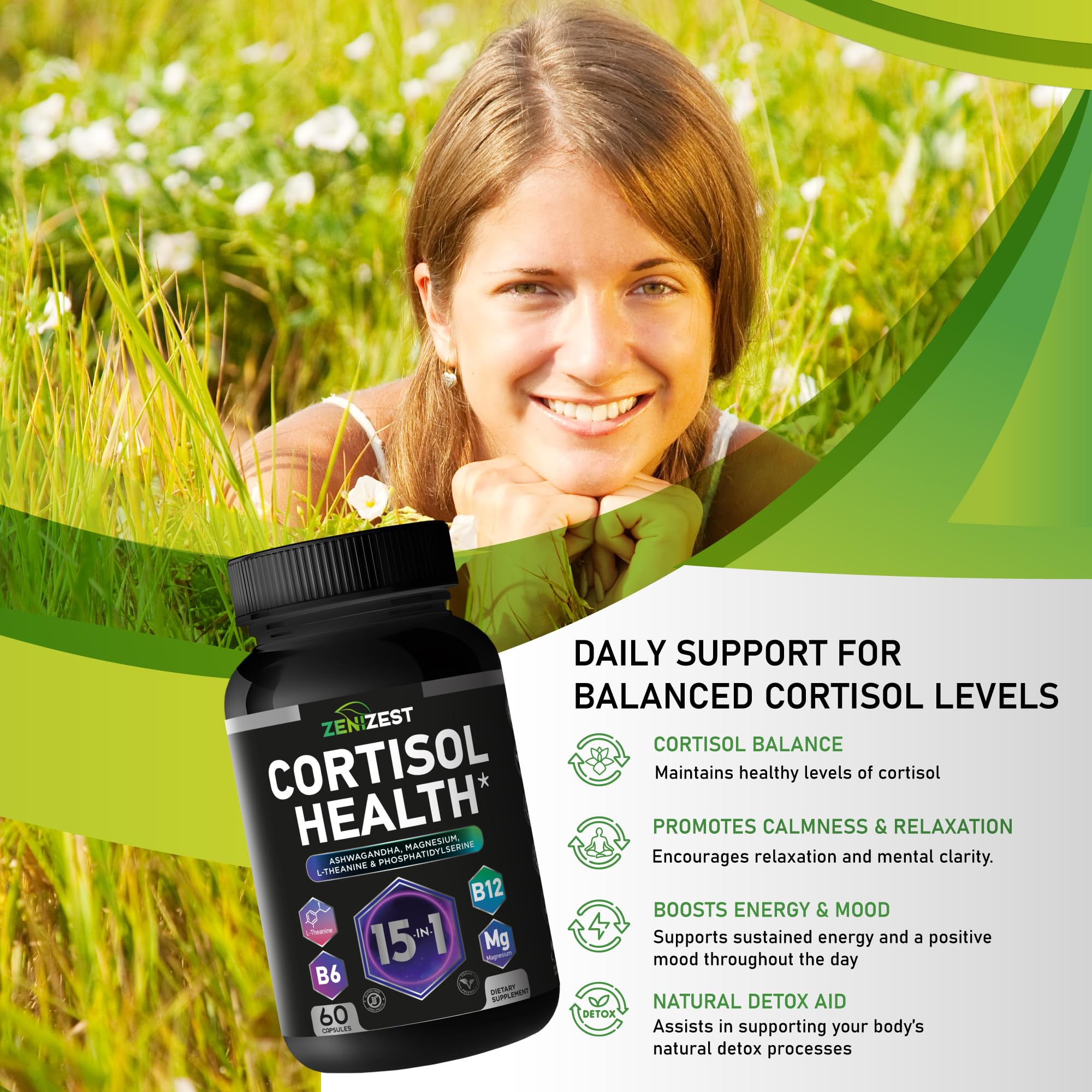 Cortisol Detox Supplement for Women Men - Control & Lower High Cortisol Level - Adrenal Health Balance Cleanse Sleep Stress Support - Magnesium Ashwagandha L-Theanine Cortisol Blocker Reducer ZeniZest buy supplements canada