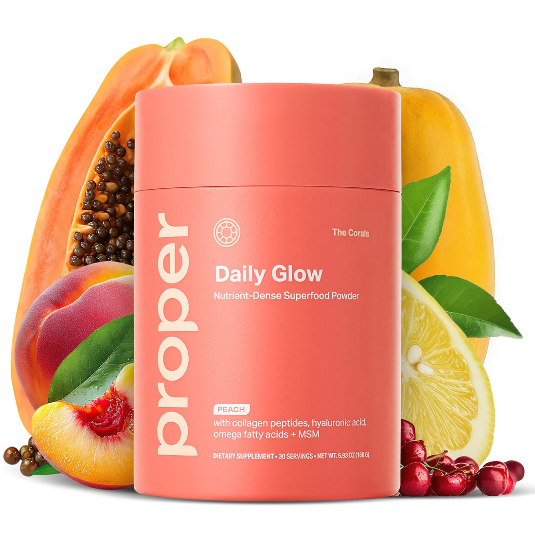 Proper, The Corals Daily Glow Beauty Blend - Nutrient Dense Superfood Powder with Collagen Peptides, Hyaluronic Acid Powder, Vitamin C, and MSM. Hair, Skin, Nail Vitamin Supplement for Women & Men Proper buy supplements canada