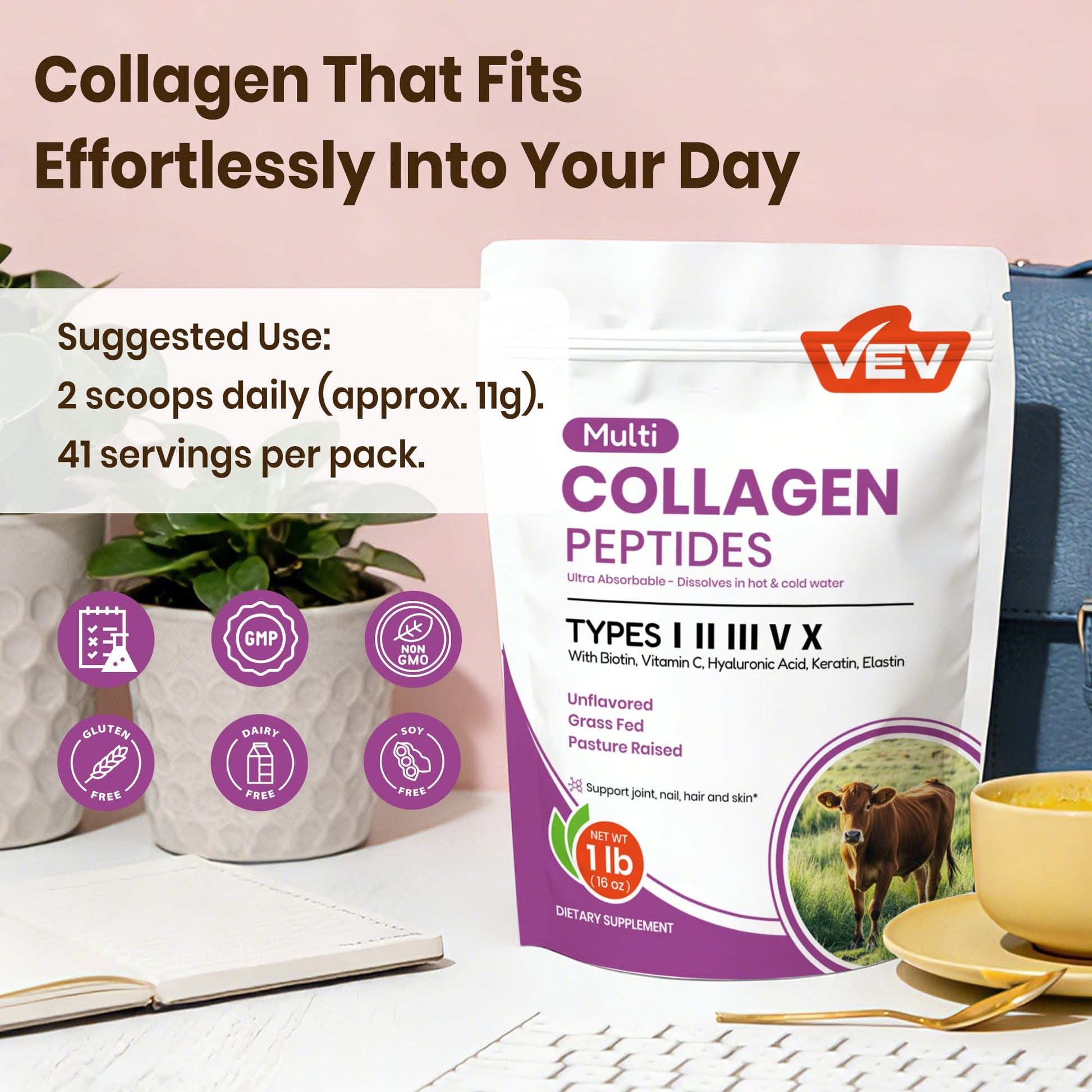 VEV Multi Collagen Peptides Powder, 16 oz (41 Servings) – Type I, II, III, V, X, Hydrolyzed Collagen, Hyaluronic Acid, Biotin, Vitamin C VEV buy supplements canada