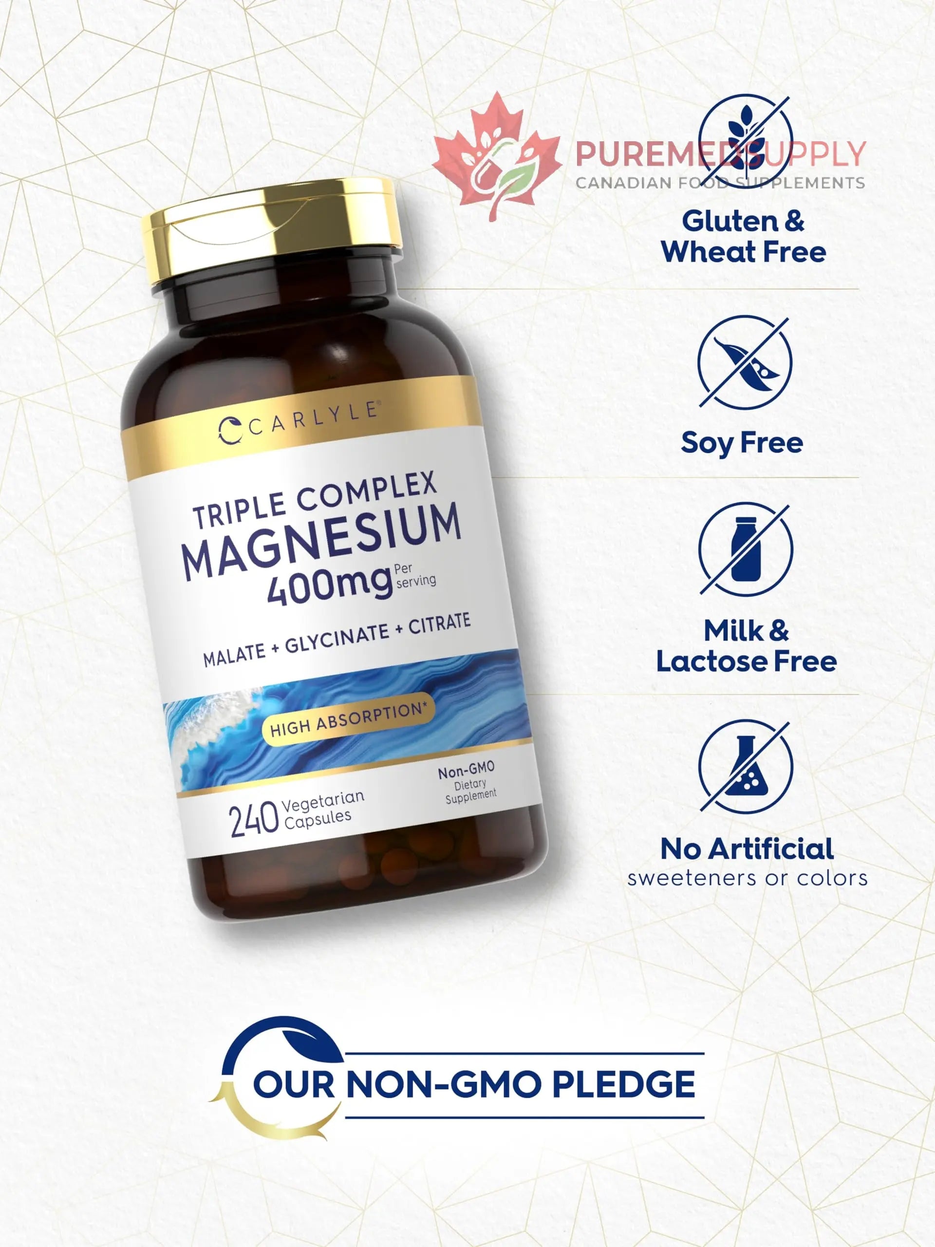 Carlyle Triple Magnesium Complex | 400 mg | 240 Capsules | Magnesium Malate, Glycinate & Citrate | Vegetarian, Non-GMO, and Gluten Free Supplement Carlyle buy supplements canada