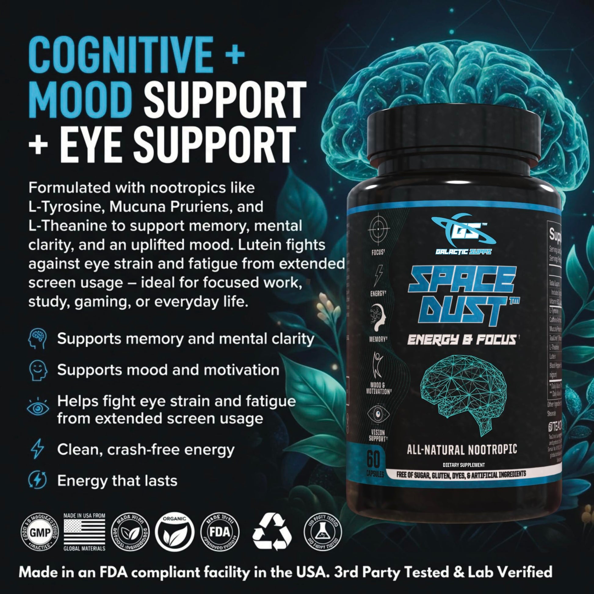 Space Dust Brain Supplements for Memory and Focus – Nootropic Focus Supplement for Brain Health & Mind Boost with TeaCrine, Caffeine, L-Tyrosine, L-Theanine – Cognitive Support Capsules, 60 Count GALACTIC SUPPS buy supplements canada