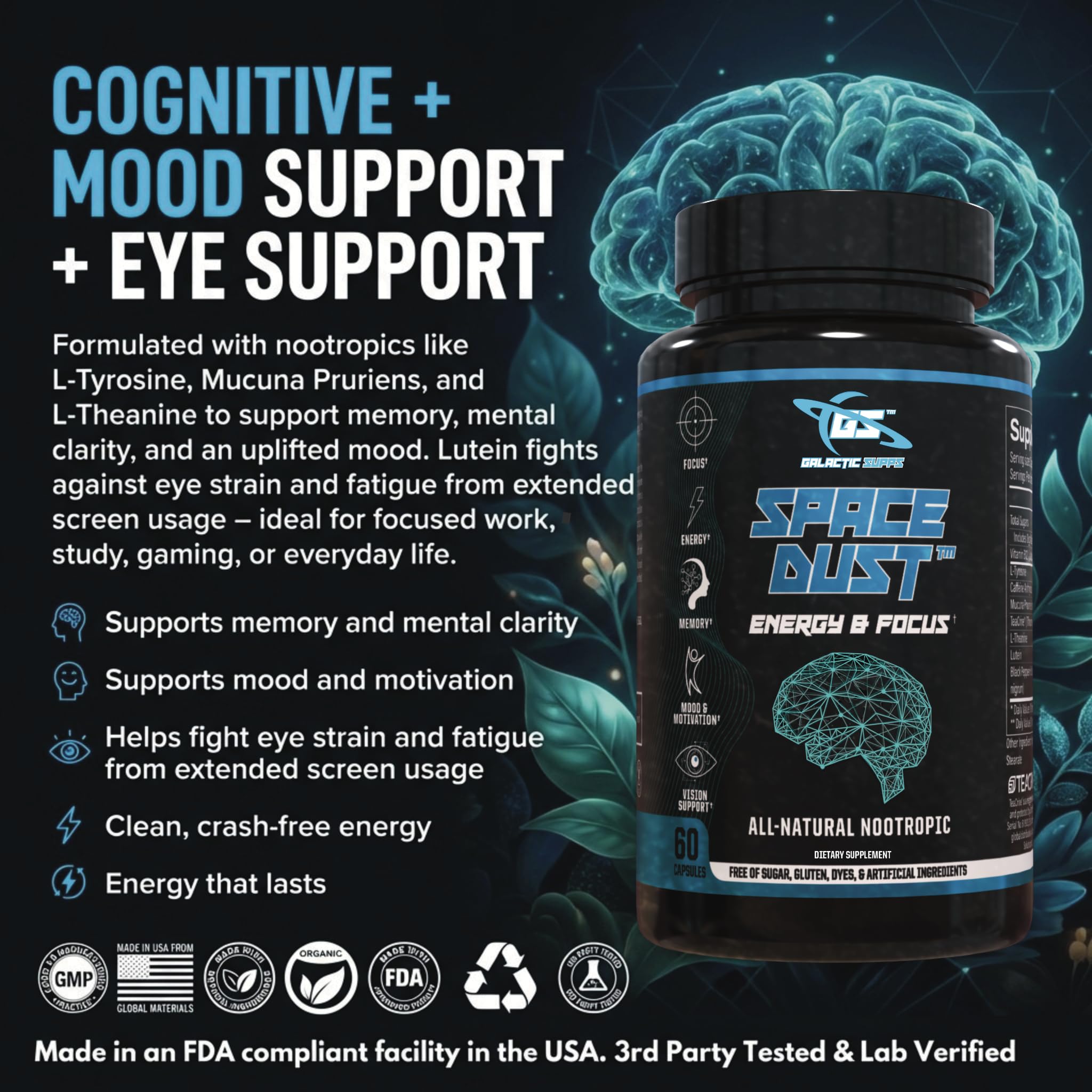 Space Dust Brain Supplements for Memory and Focus – Nootropic Focus Supplement for Brain Health & Mind Boost with TeaCrine, Caffeine, L-Tyrosine, L-Theanine – Cognitive Support Capsules, 60 Count GALACTIC SUPPS buy supplements canada