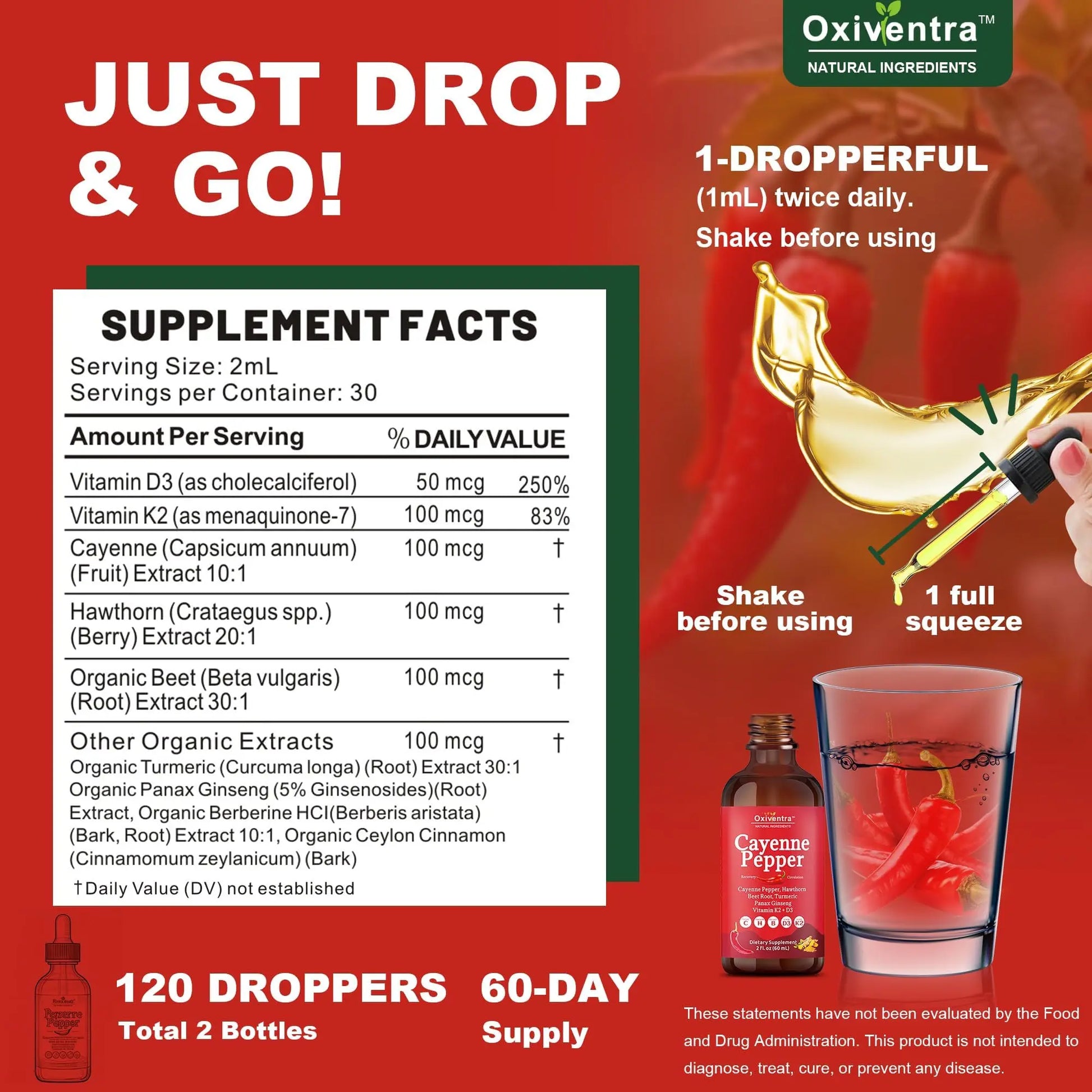 Cayenne Pepper Drops Liquid Supplement Smooth & Sweet Herbal Liquid + Hawthorn Berry, Vitamin D3 K2 Beet Root Powder, Ceylon Cinnamon, Turmeric Curcumin, Organic Panax Ginseng - 2fl oz Oxiventra buy supplements canada