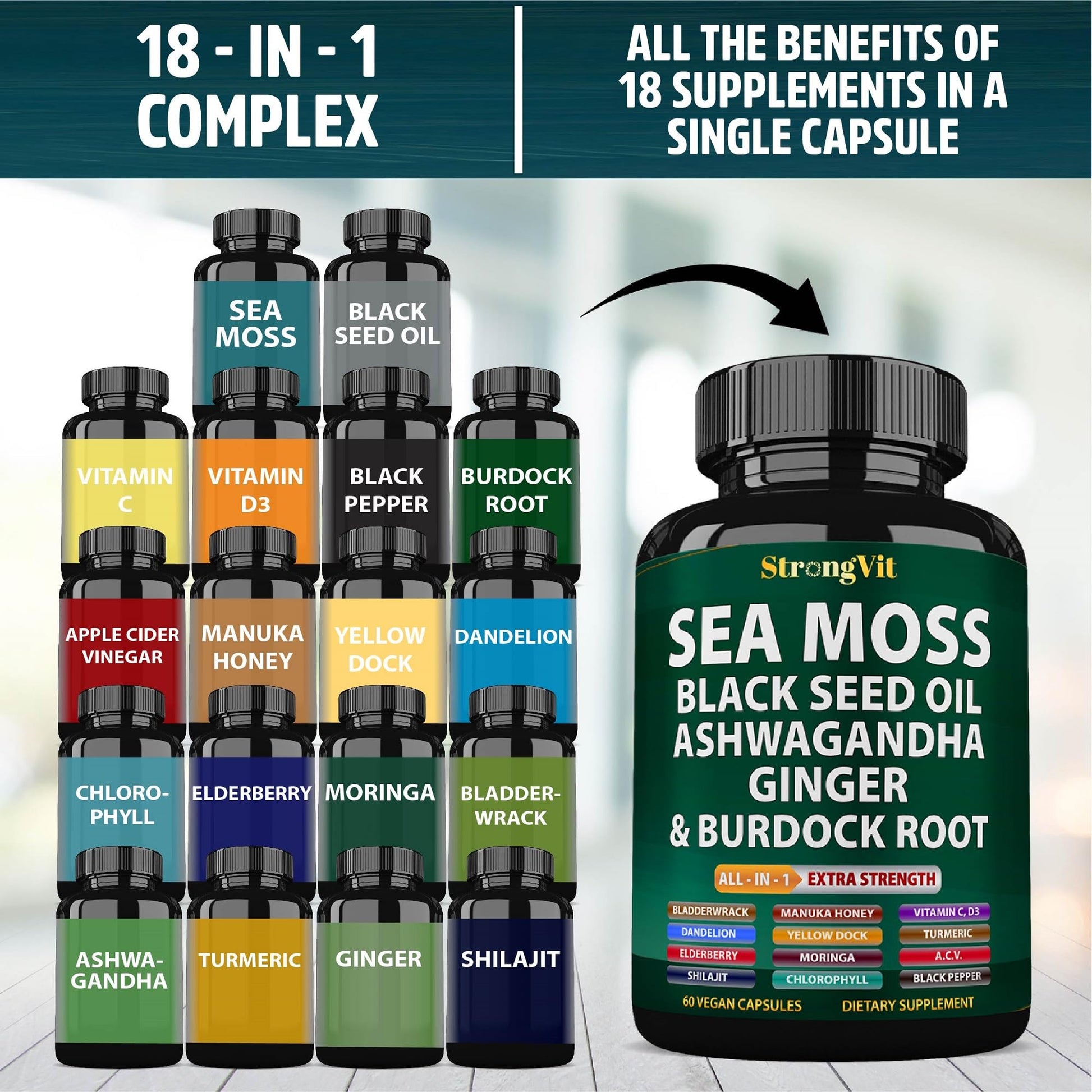StrongVit Sea Moss Black Seed Oil Ashwagandha Ginger, Organic Sea Moss Capsules with Burdock Root, Irish Seamoss Pills with Bladderwrack, Advanced Multimineral Supplement, USA StrongVit buy supplements canada