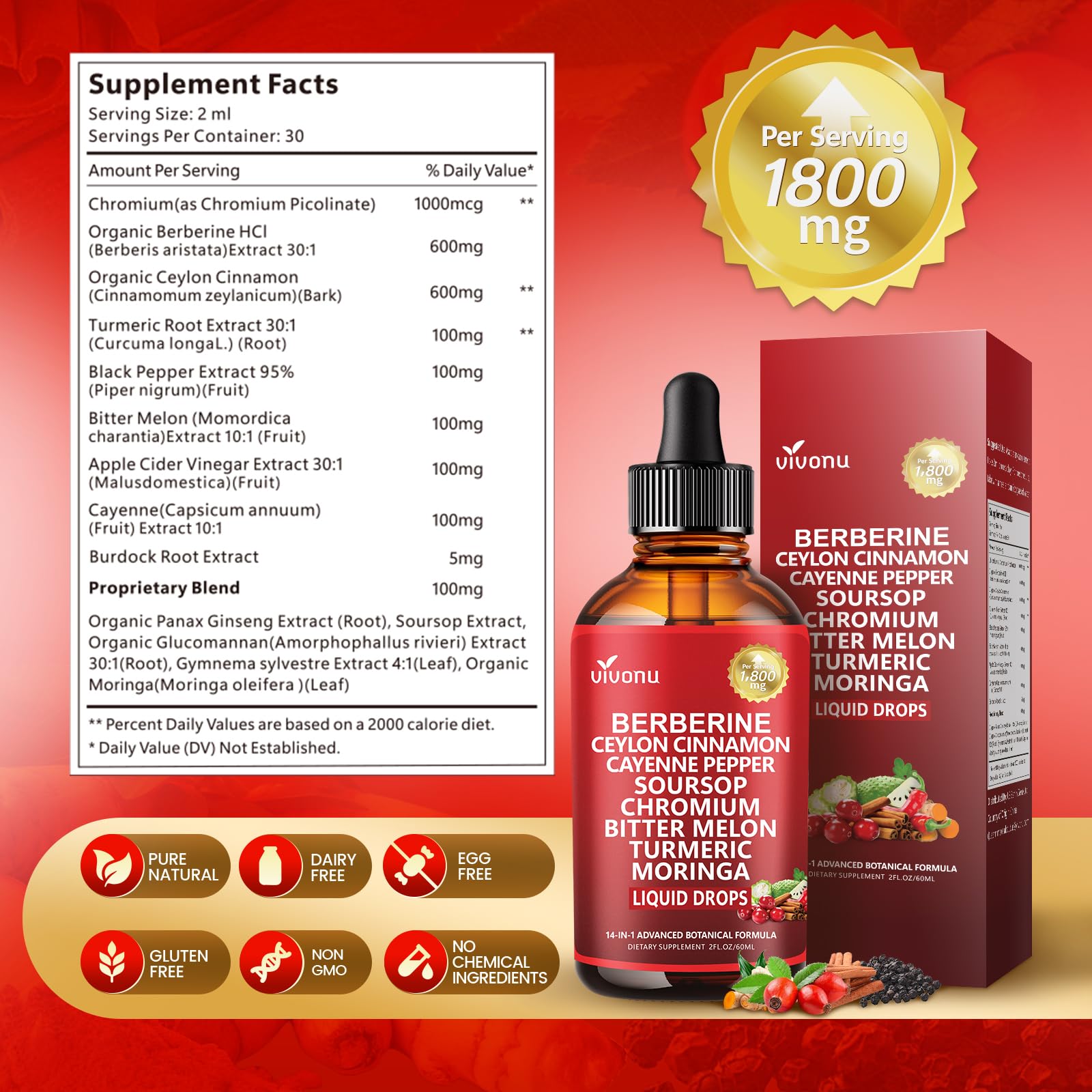 14-in-1 Berberine with Ceylon Cinnamon Supplement Liquid Drops, 1800mg + 30:1 Liposomal Tech with Cayenne Pepper, Soursop, Chromium, Bitter Melon, Turmeric, Moringa, Gymnema VivoNu buy supplements canada