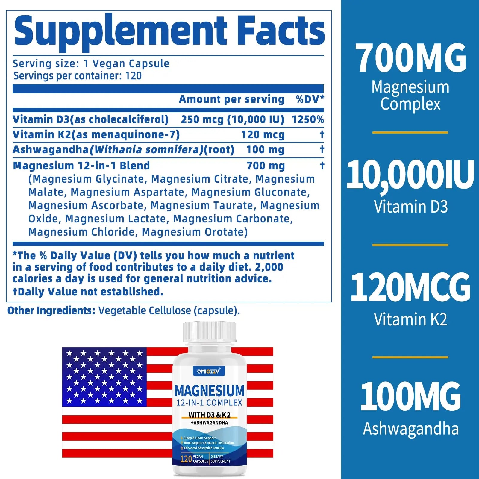 Magnesium Complex 12 in 1 Supplement for Women & Men 700mg, Magnesium Glycinate with Vitamin D3 K2, Citrate Malate Oxide Taurate Aspartate Orotate, for Relaxation, Heart, Energy, Muscle, 120 Capsules Qmiozzy buy supplements canada