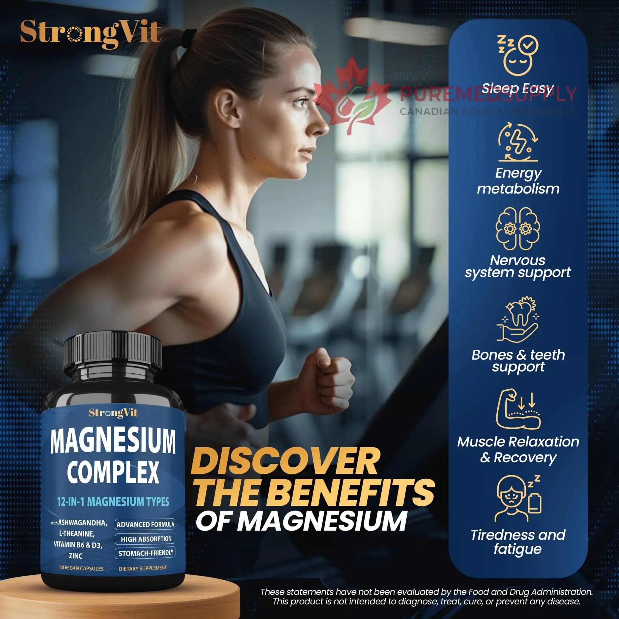 1000mg Magnesium Complex for Women and Men, 12 in 1 Magnesium Supplement with Ashwagandha, Zinc, D3, L-theanine. Easy to Swallow, High Absorption, Sleep Support & Stress Relief (60 Capsules) StrongVit buy supplements canada