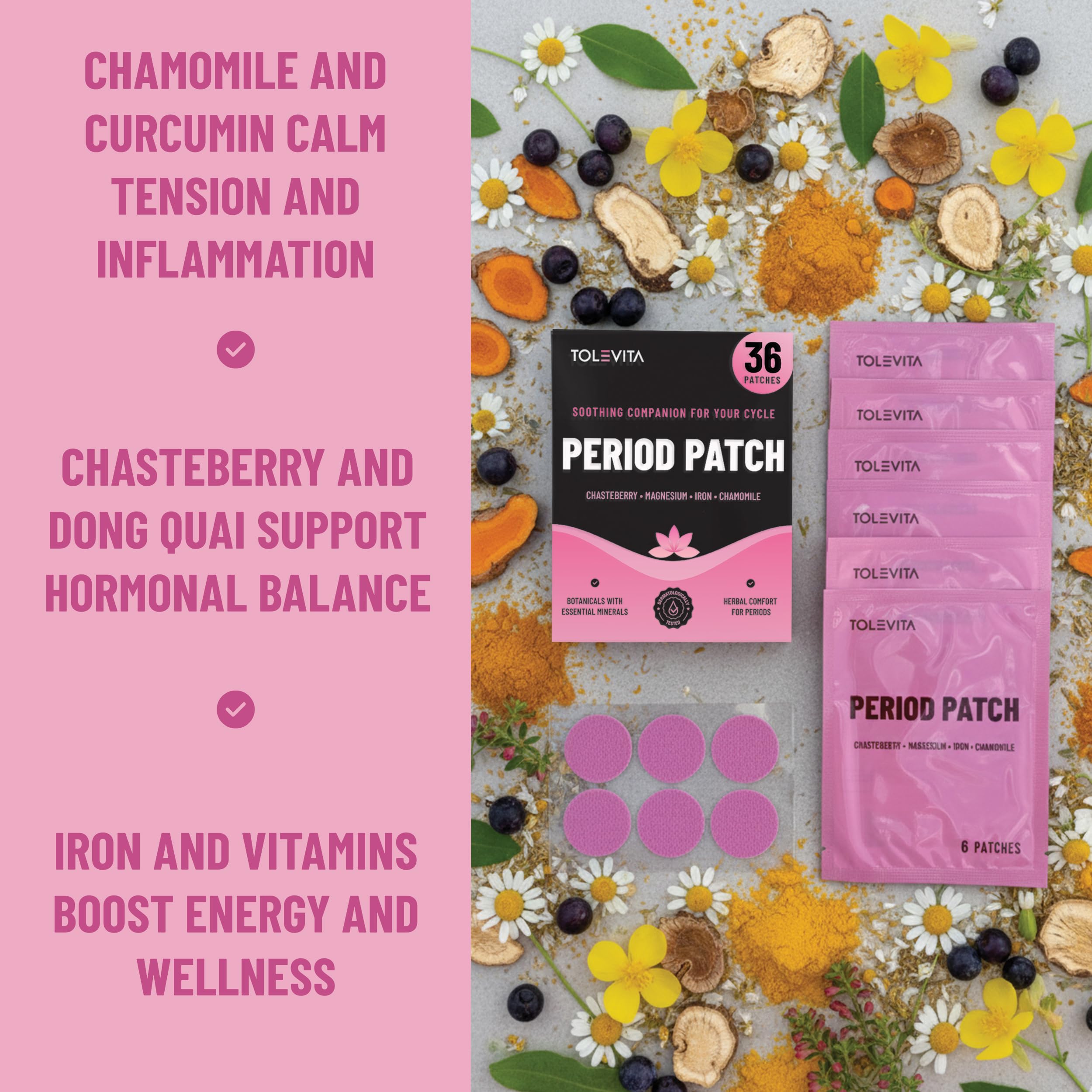 TOLEVITA Period Relief Patches 36 Pcs – Herbal Cramp Support with Chasteberry, Magnesium, Evening Primrose, Dong Quai, Curcumin, Vitamins B6 & E, Iron, Chamomile – Hormonal Balance & Menstrual Comfort TOLEVITA buy supplements canada