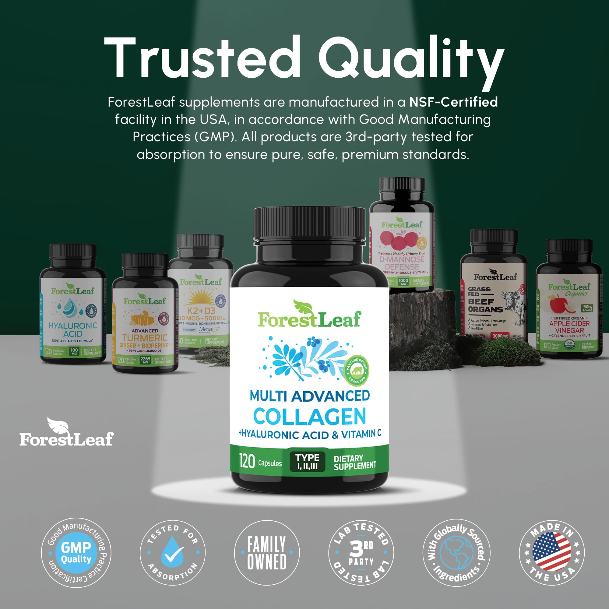 ForestLeaf Multi Collagen Pills with Hyaluronic Acid + Vitamin C | Hydrolyzed Collagen Supplements for Women or Men | Multi Collagen Capsules Peptides for Skin, Wrinkles, 120 Caps ForestLeaf buy supplements canada