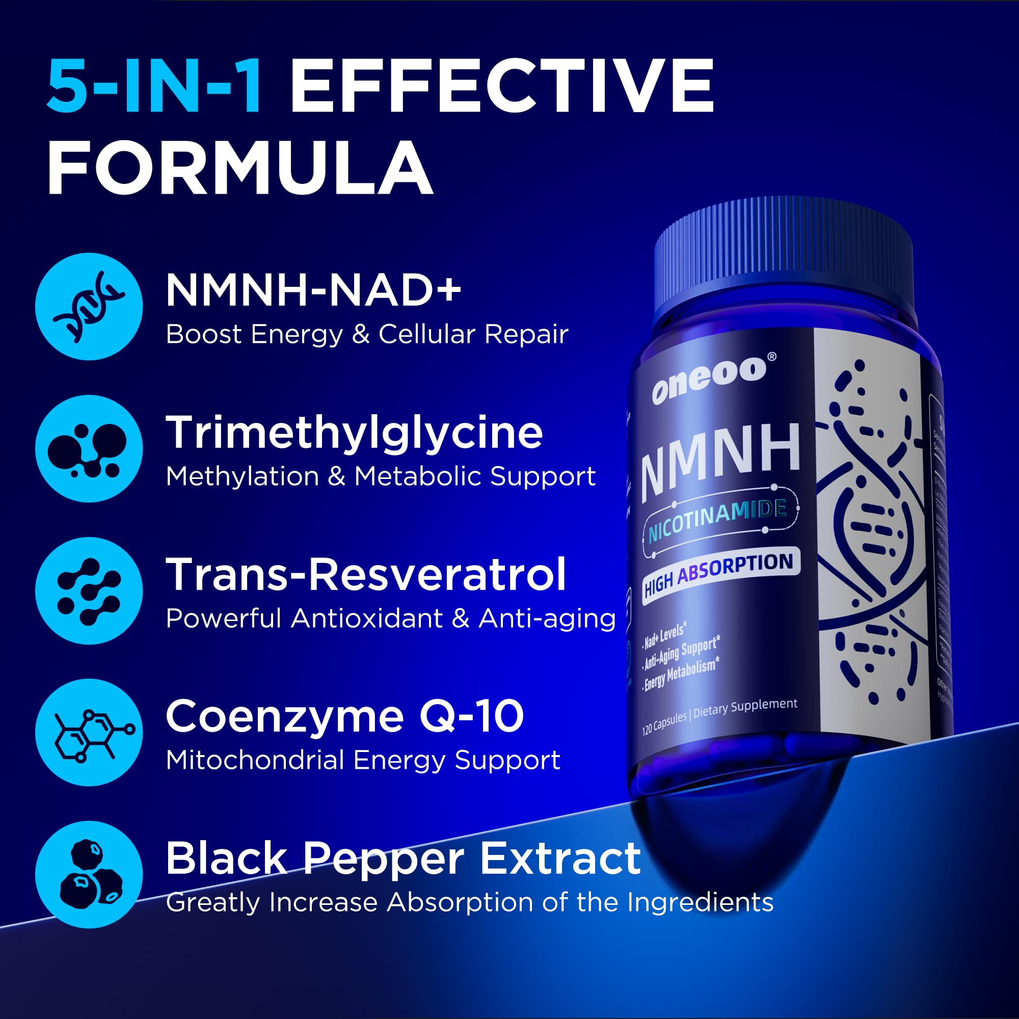 Oneoo NMNH Supplement with NAD Supplement Maximum Potency with Resveratrol & Pterostilbene, CoQ10 & Black Pepper, for Cellular Energy, Anti-Aging Support, Sirtuin Activation & Methylation Support, 120 Oneoo buy supplements canada