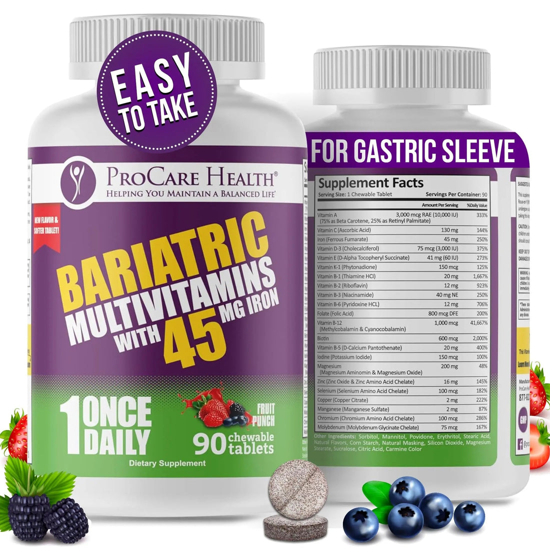 Procare Health Bariatric Multivitamin with Iron 45mg Chewable (90 Tablets) - Fruit Punch Flavor Bariatric Multivitamin Chewable Pills for Gastric Bypass ProCare Health buy supplements canada