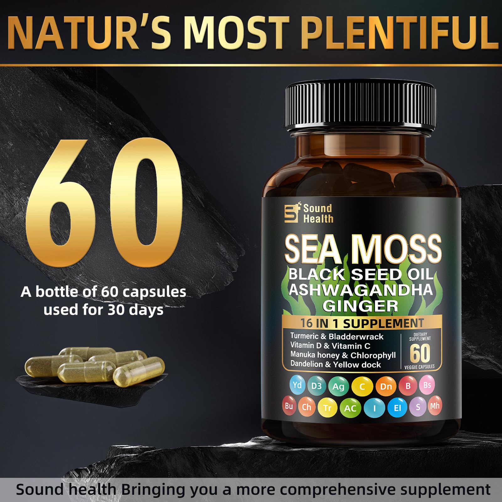 Sea Moss Capsules with Ashwagandha, Turmeric, Bladderwrack, Vitamins C & D for Natural Energy, Sleep Support & Hair Growth, 1200mg Herbal Blend, for Man & Women, Third-Party Tested，16-in-1 Supplement SoundHealth buy supplements canada