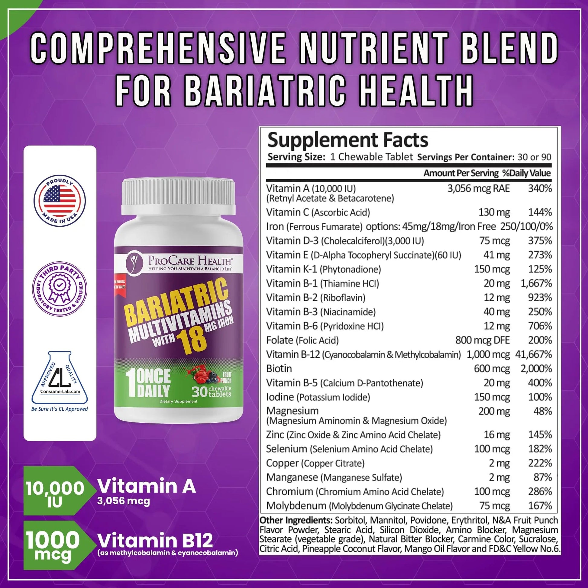 ProCare Health Bariatric Chewable Multivitamin with Iron 18mg (30 Tablets) - Fruit Punch Flavor Bariatric Multivitamin Chewable ProCare Health buy supplements canada