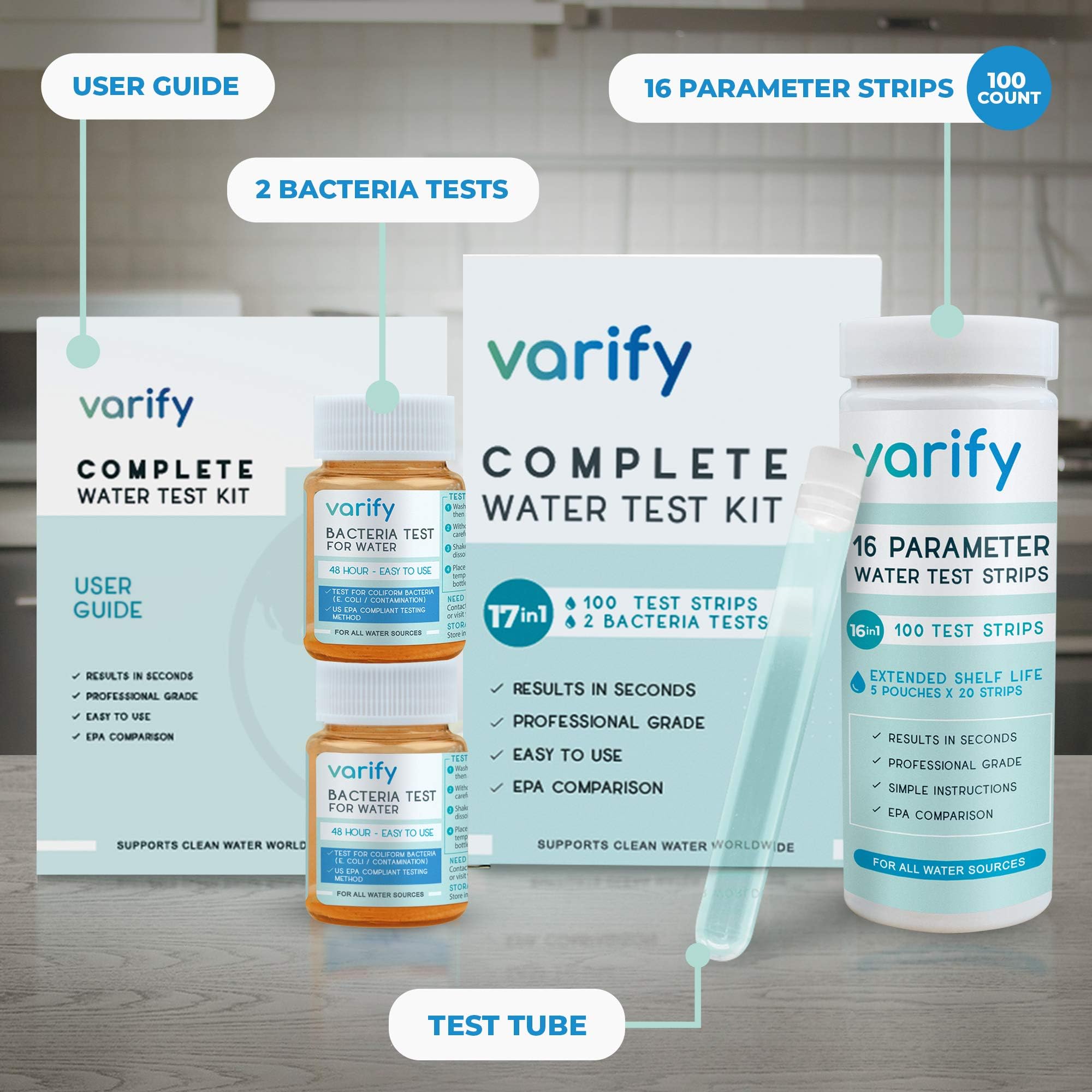 Varify 17in1 Complete Drinking Water Test Kit - 100 Strips + 2 Bacteria Tester Kits - Well, Tap, Home, City Water Testing Strip for Lead, Alkaline, Chlorine, Hardness, Iron, Fluoride, Copper & More VARIFY buy supplements canada