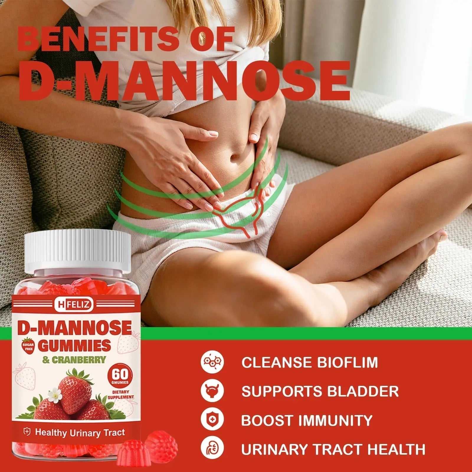 HFELIZ D Mannose with Cranberry Gummies, D-Mannose Supplements 1300mg for Women, Support Natural Urinary Tract & Bladder Health, Sugar-Free, 60 Count HFELIZ buy supplements canada