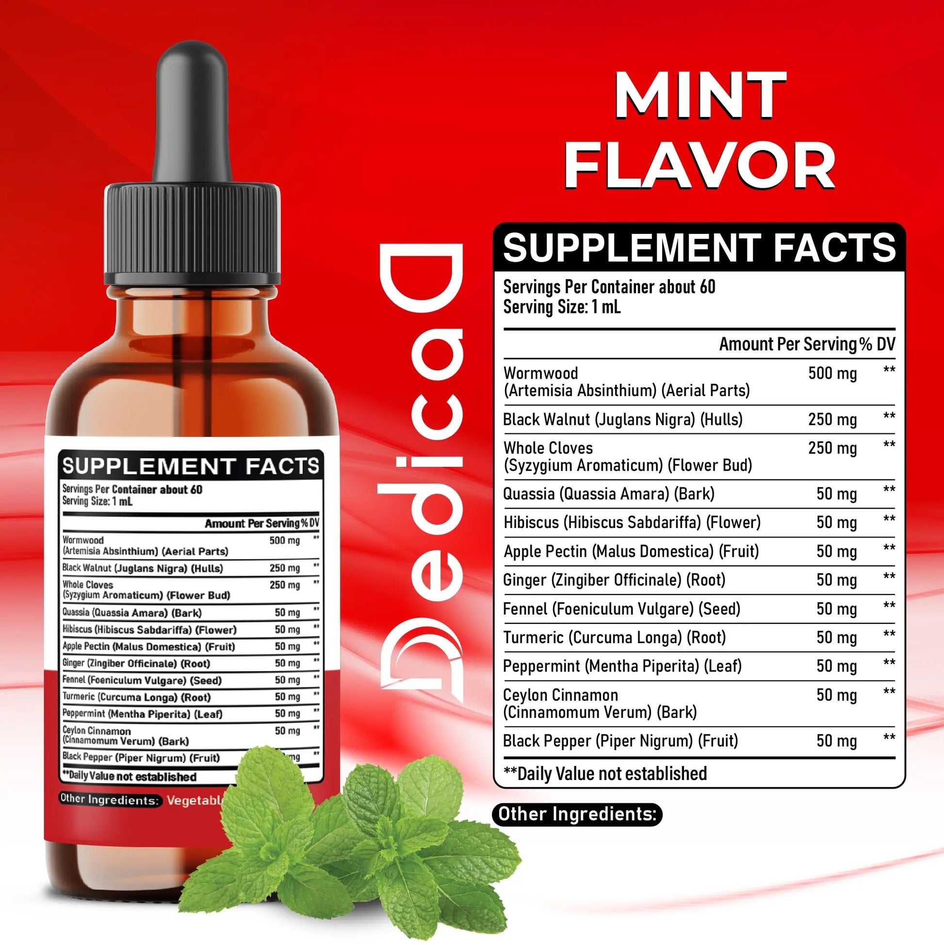 DEDICAD 12in1 Wormwood Liquid Drops Added Black Walnut, Whole Cloves and 9 More Herbs - 2 Fl Oz - 60 Days Supply - Mint Flavor DEDICAD buy supplements canada