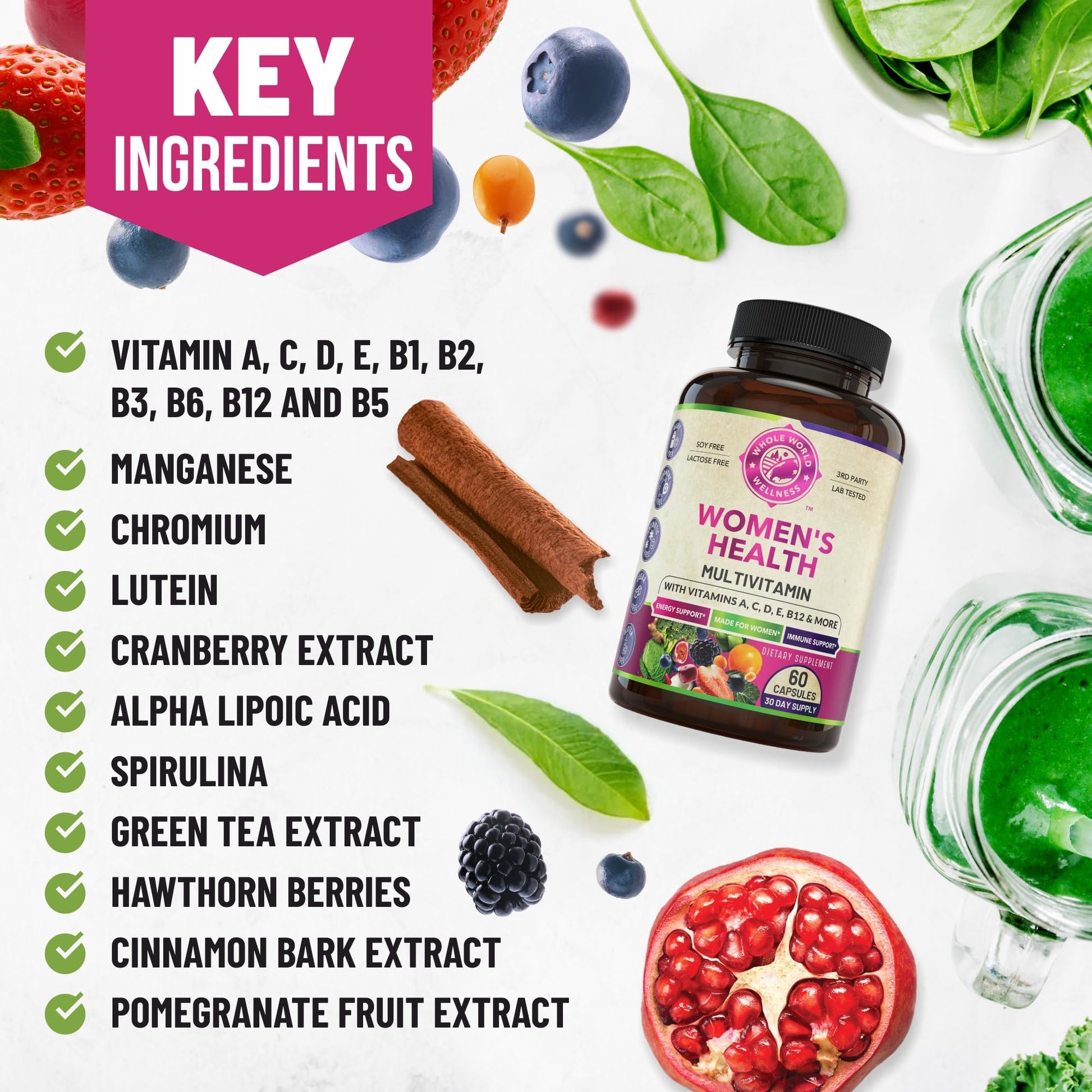 WHOLE WORLD WELLNESS Womens Daily Multivitamin Multimineral Supplement for Energy, Mood, Focus, Hair, Skin & Nails. Made for Women with 30+ Nutrients, Fruit & Energy Blend. Womens Vitamins, USA Made. WHOLE WORLD WELLNESS buy supplements canada